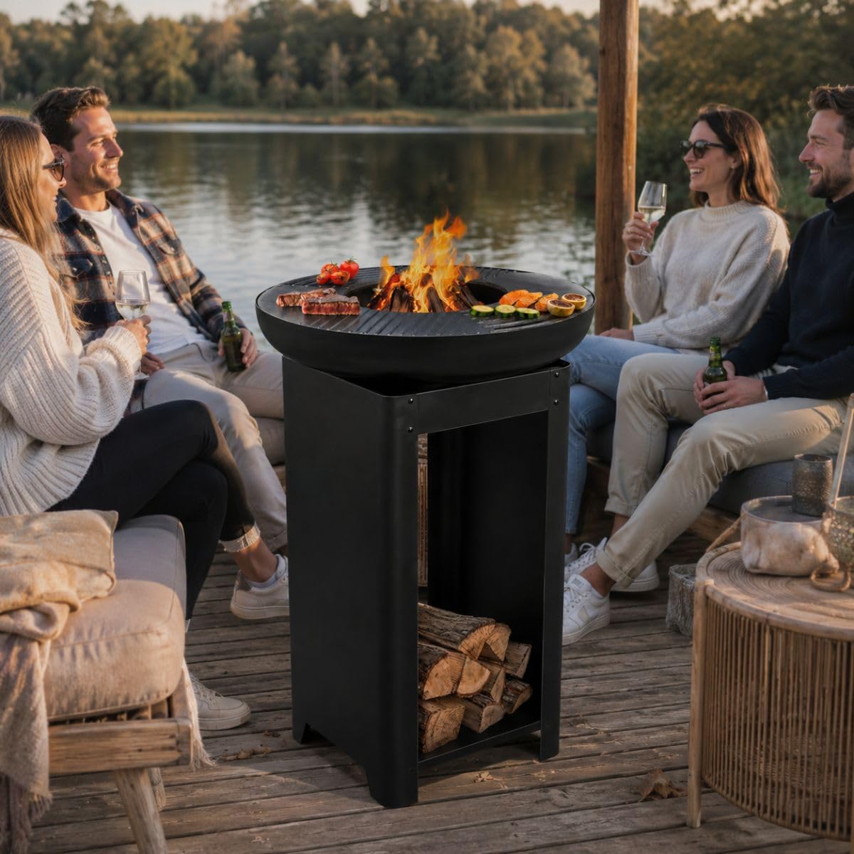 BBQ Collection 3-in-1 Feuerschale mit Grillrost - Feuerkorb 61 x 90 cm - Outdoor Küche mit Teppanyaki und BBQ Grillplatte - Plancha BBQ mit Holzlagerplatz - Gartenkamin für Außen - Metall