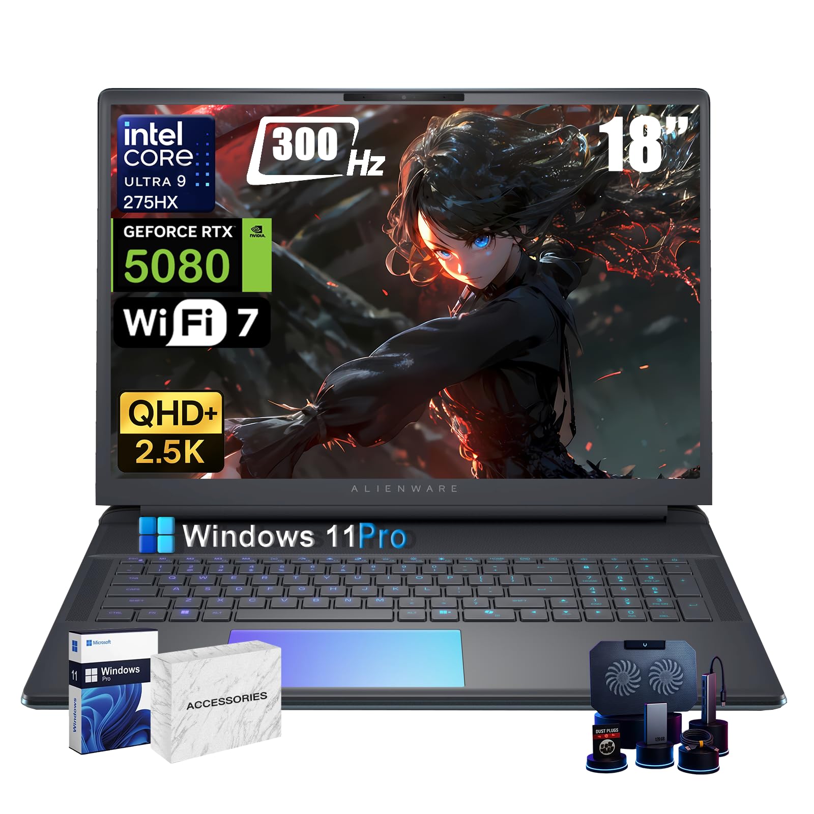 18" Area-51 Gaming Laptop Computer - GeForce RTX 5080-16GB GDDR7-18" QHD+ 300Hz - Intel Ultra 9 275HX - AlienFX RGB Lighting - Quad Fan Cooling, Windows 11 Pro(64GB DDR5, 4TB SSD)