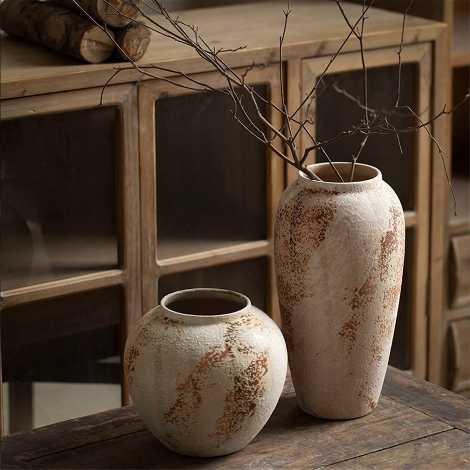 Rustikale Blumenvase aus Keramik im Bauernhausstil, Moderne Boho-Dekoration für Wohnzimmer, Schlafzimmer, Wabi-Sabi-Stil