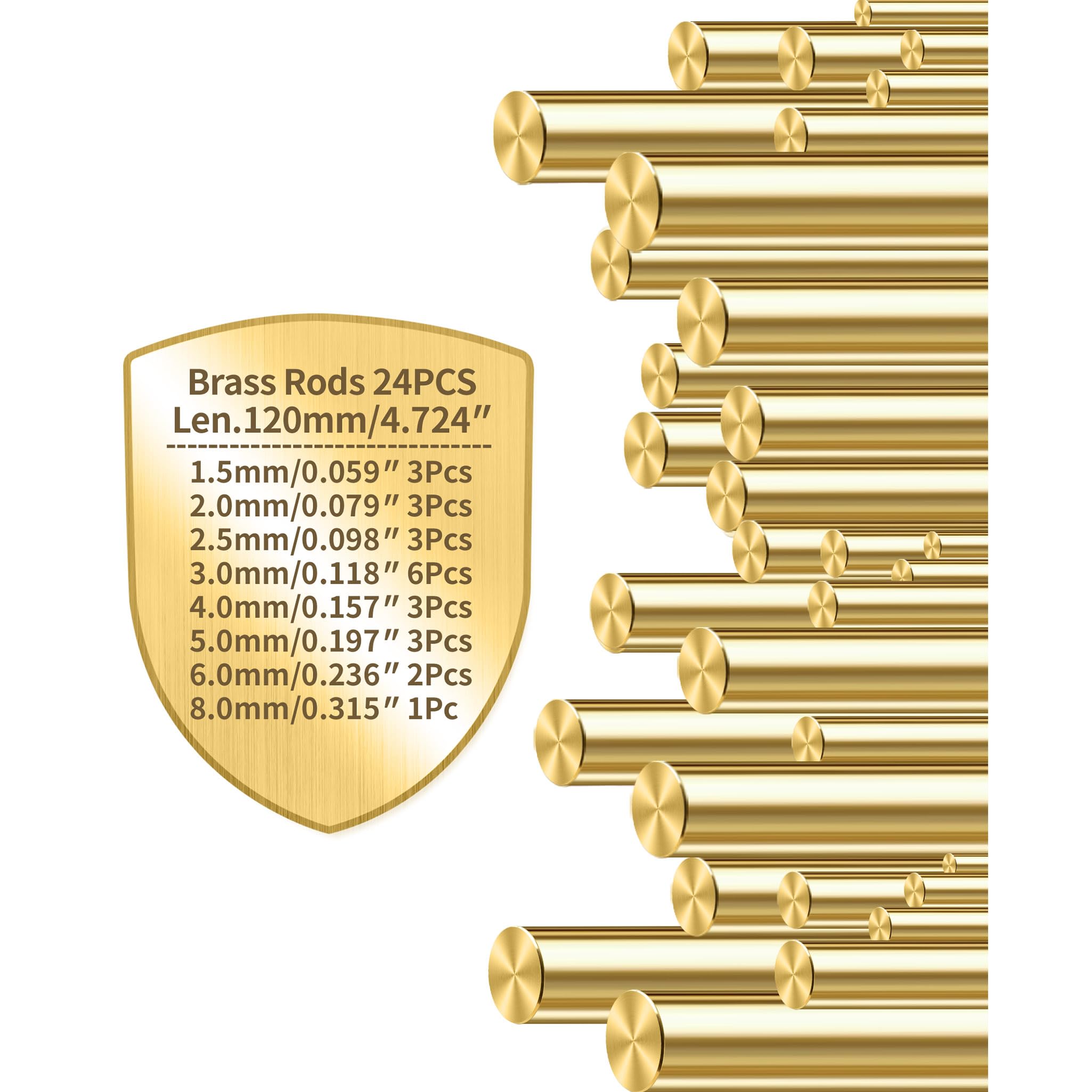 Brass Rods Dia 1.5, 2, 2.5, 3, 4, 5, 6, 8mm L=120mm 24pcs Knife Handle Material Solid Brass Round Rivet Dowel For Knife Making Handles Scales For Shaft Pins Art
