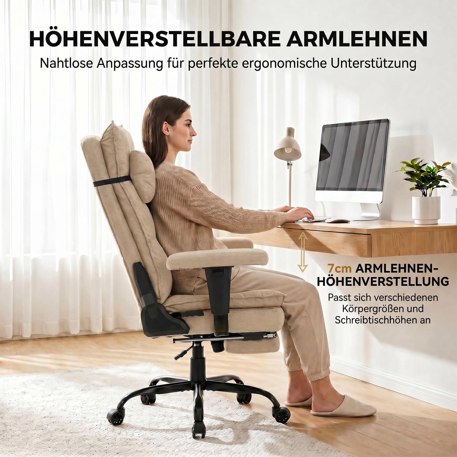 EXCEBET Bürostuhl mit Taschenfederkern, Ergonomischer Chefsessel aus Stoff mit Fußstütze, 155°Verstellbarer Schreibtischstuhl, Hoher Computerstuhl bis 180 kg, Breiter Sitz für Schneidersitz (Beige)