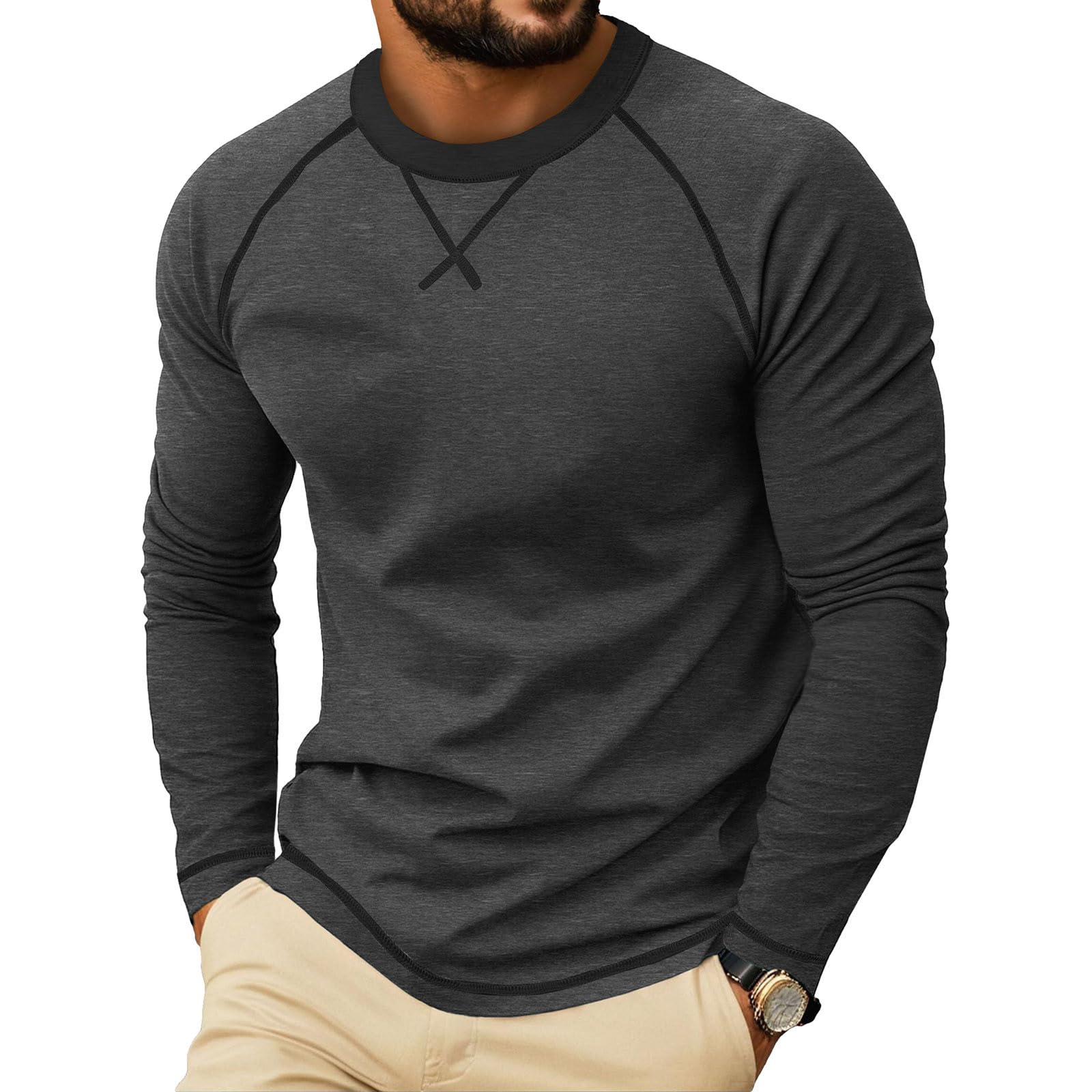 Raglan Long Sleeve Tshirts for Men Casual Pullover Crew Neck Tee T-shirts