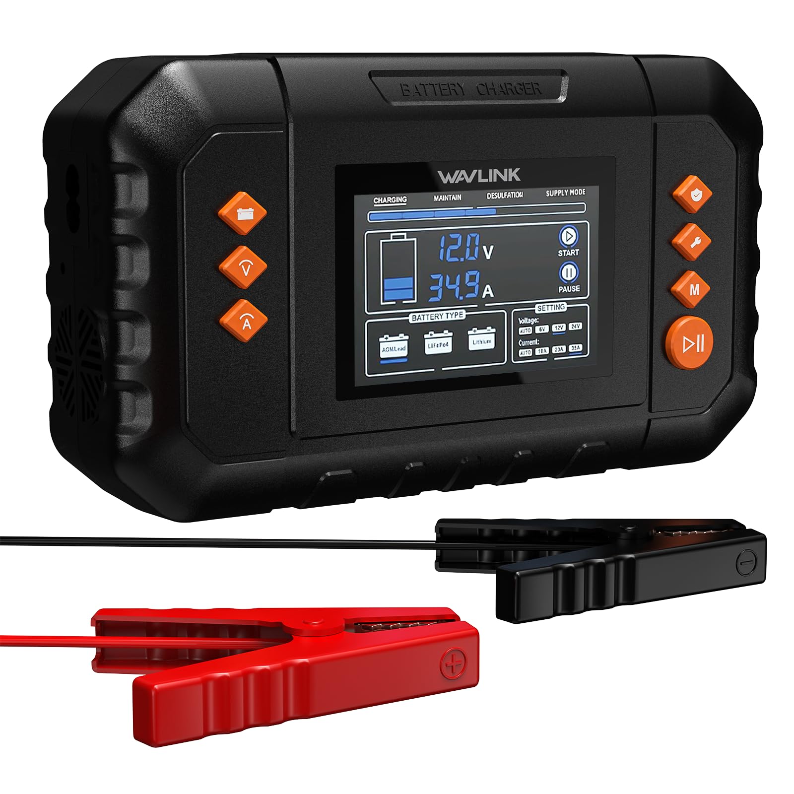 WAVLINK 450W Smart Battery Charger, Max. 35A Trickle Charger with LCD Display, for 6V/12V/24V Lead-Acid/Lithium/LiFePO4 Batteries, Battery Maintainer and Desulfurizer for Cars, Boats, Motorcycles