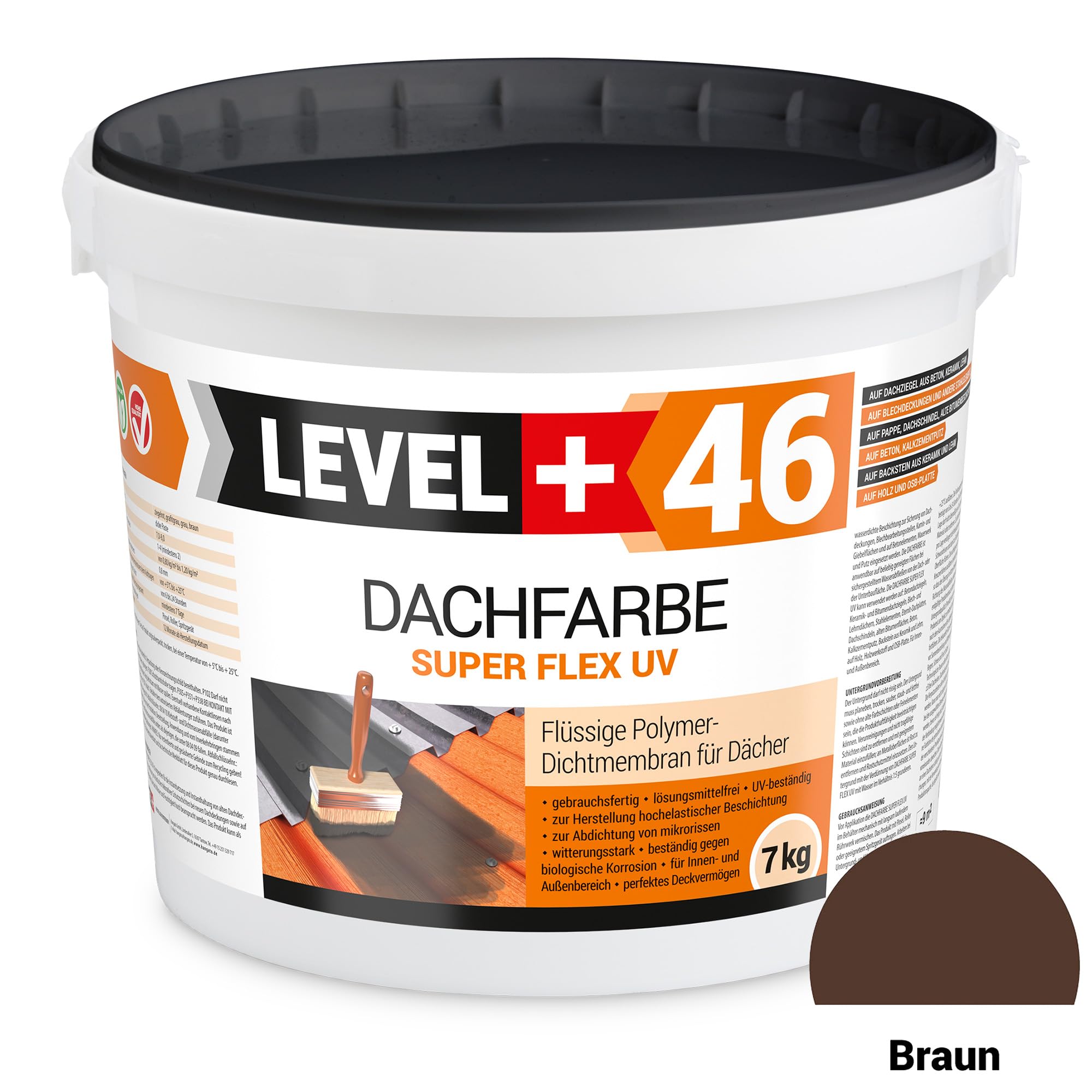 LEVEL+ RM46 - Pintura para tejado (7 kg, color marrón, revestimiento de techo, membrana de polímero flexible, resistente a la intemperie, incluye rodillo de 10 cm, microfibra con patillas