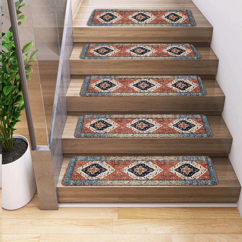 Odot Tapis Escalier Rétro, Tapis Escalier Antidérapant Boho, Muet Moquette Escalier, Marchettes d'Escalier Auto-Adhésif, pour Enfants, Aînés et Animaux de Compagnie (Modèle Rétro,10PCS)