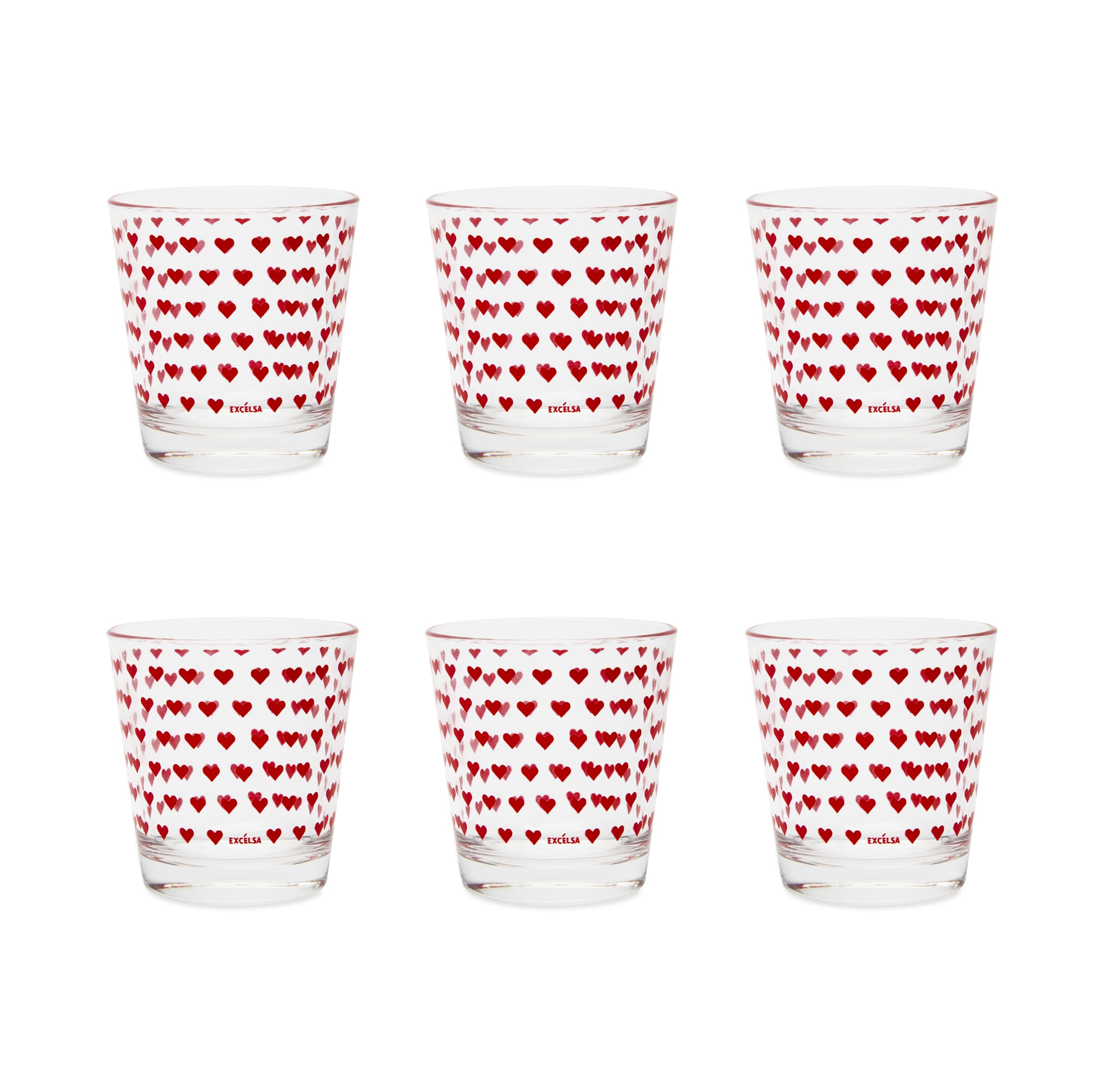 Excelsa Enjoy Set 6 Bicchieri in Vetro con Decorazione Cuori Rossi, Trasparenti