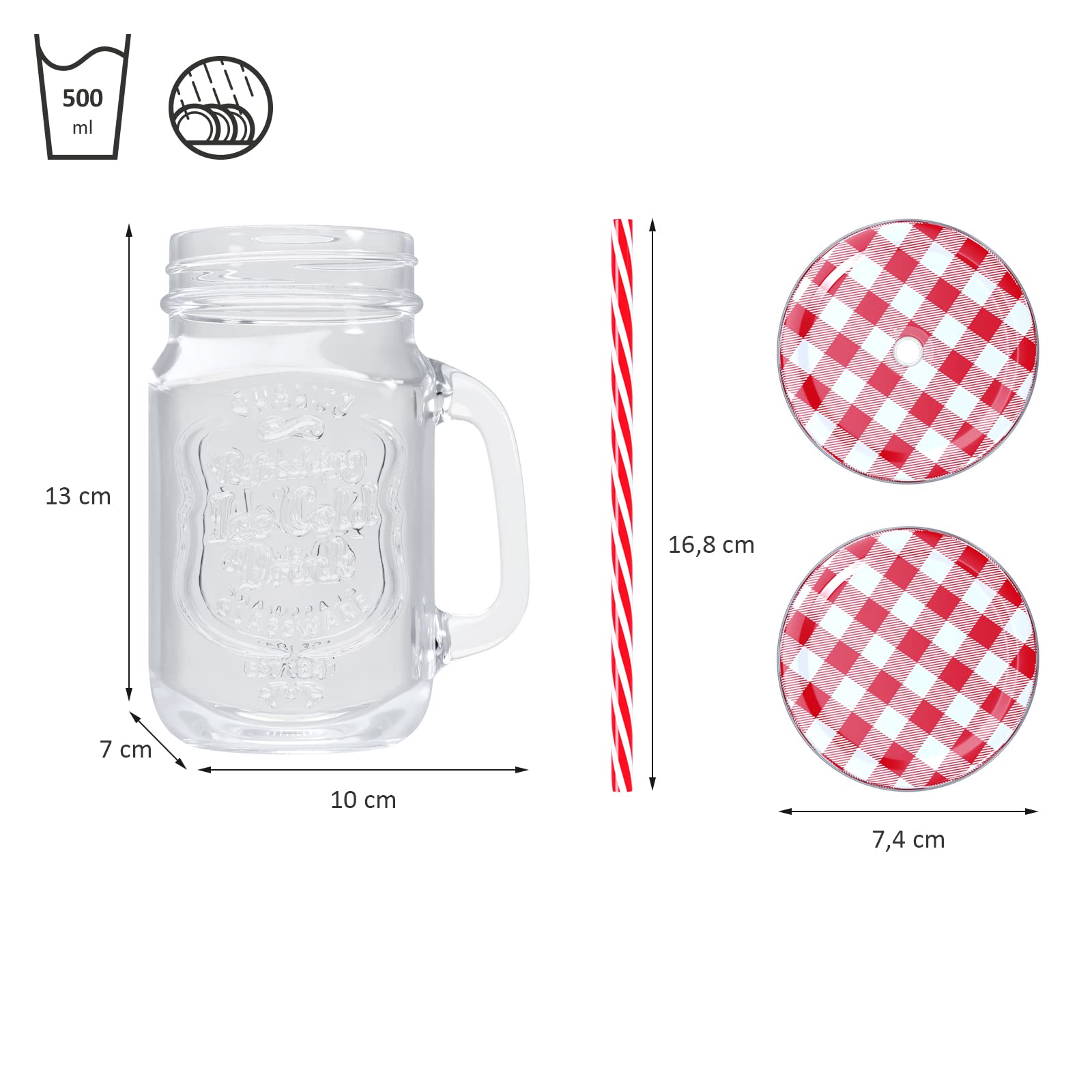 Relaxdays drinkglazen, met rietje en deksel met ruitjes, set van 8, 500 ml, limonadeglazen, handvat, transparant/zwart