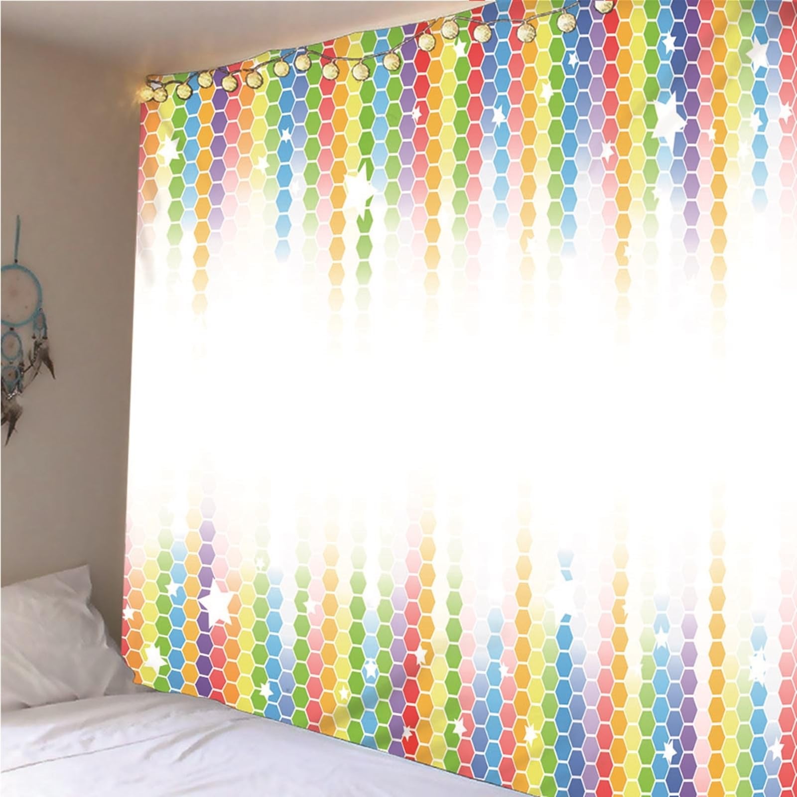 Lieson Wandteppich Sechseckiger Stern, Wandtücher Weiß Bunt Wandteppiche für Wohnzimmer Wohnheim Heimdekoration, 260x240CM