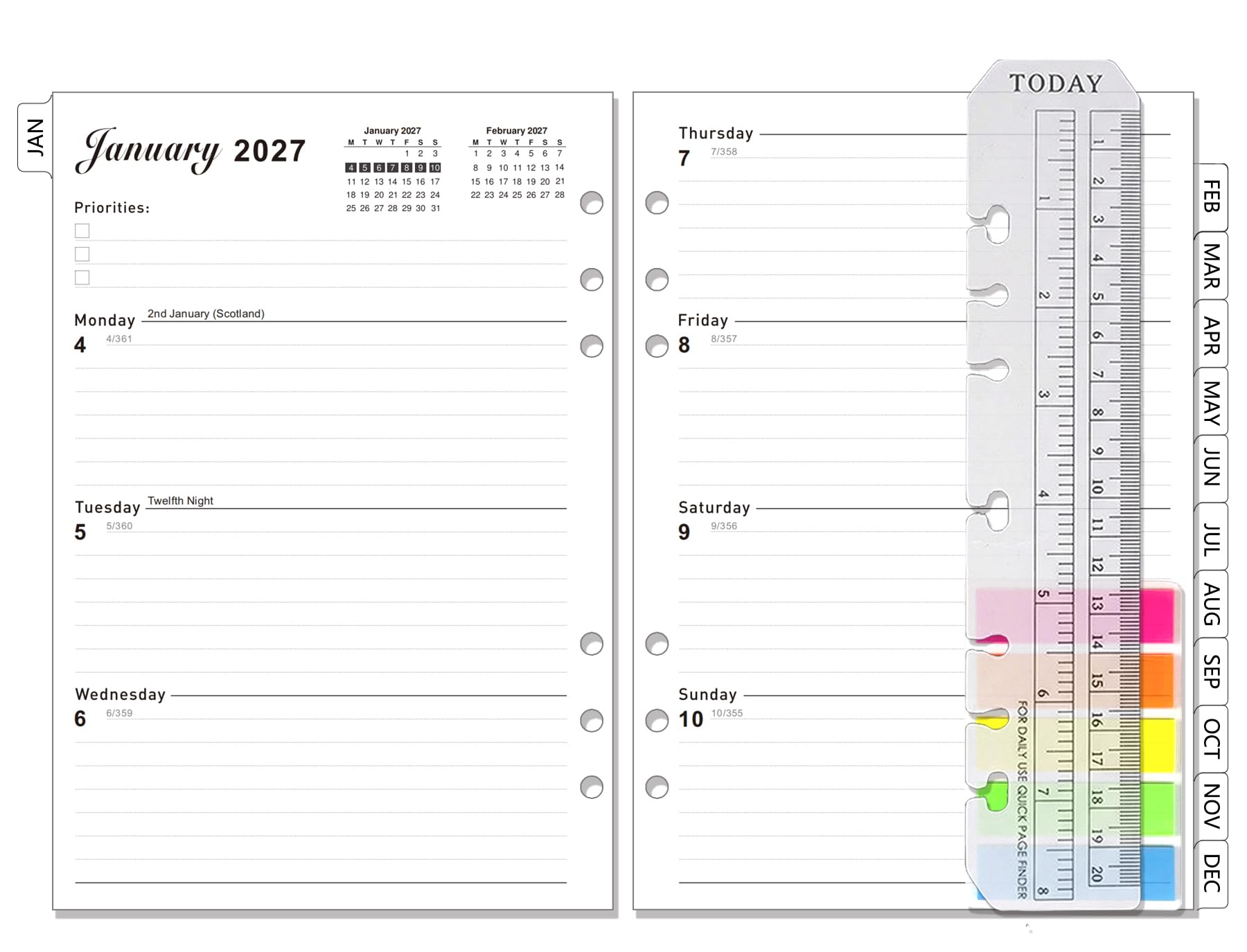 Diary 2027 Refill Week on 2 Pages, January-December 2027 A5 Weekly & Monthly 6 Hole Organiser Inserts with UK holidays,Tabs, Contact, Ruler Bookmark & Stickers, Filofax A5 Compatible(2027.1-2027.12) — image 1