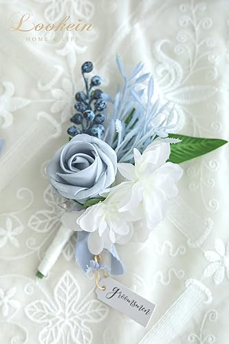 Miniatura 6 de Lookein Juego de 6 flores artificiales de color azul polvoriento para hombre, para boda, novio, solapa, padrinos de boda, ceremonia, aniversario,