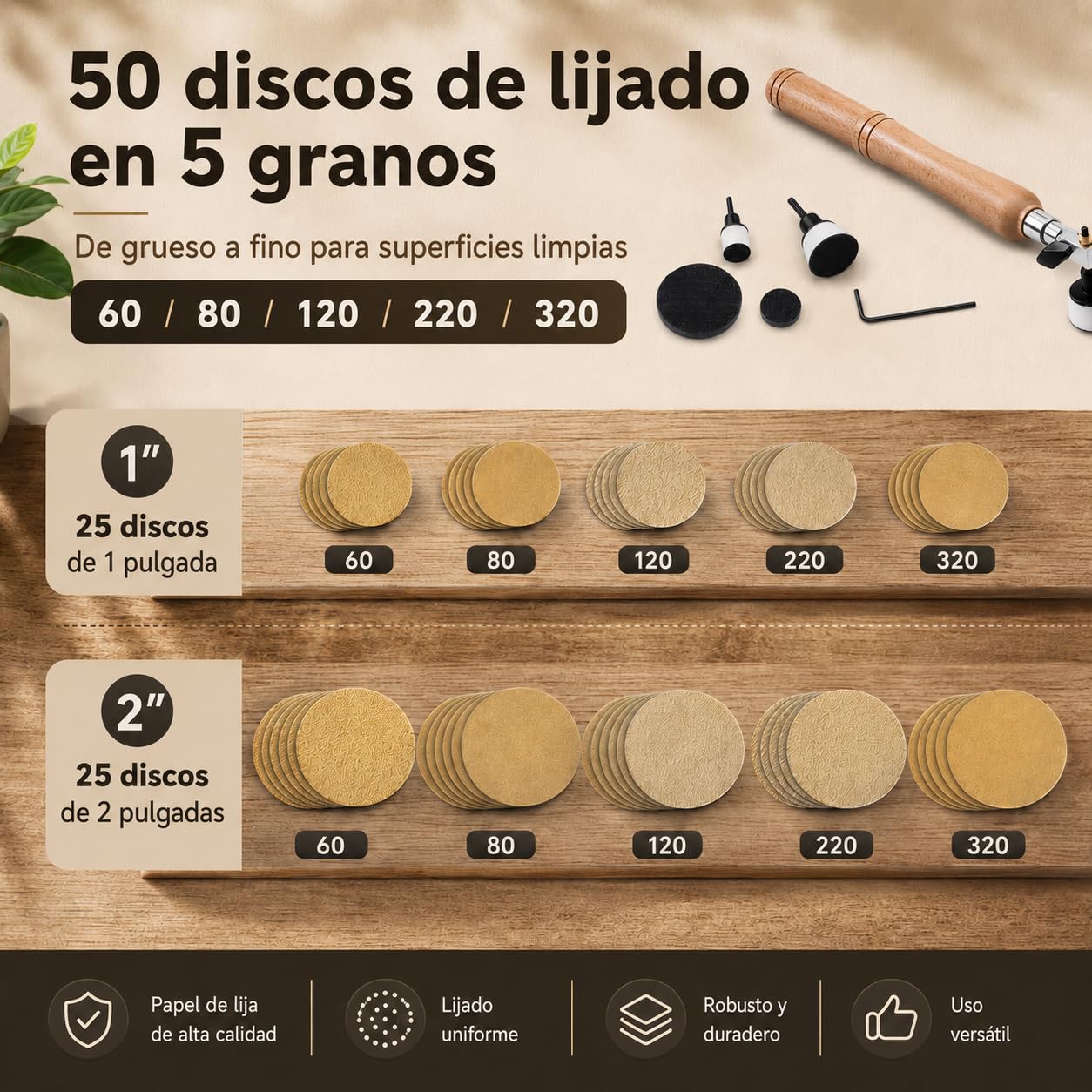 Kit de Lijadora de Cuenco de Mano, Herramientas de Lijado para Torno de Madera con Mango Largo y Cabezal Orientable, 25/51 mm Almohadillas, 50 Discos de Lijado de Grano 60-320, para Cuencos y Platos