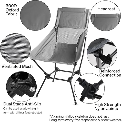 Miniatura 5 de Silla de camping portátil con respaldo alto, mejorada 2025, marco de aleación de aluminio, resistente al óxido y al agua, altura ajustable, malla