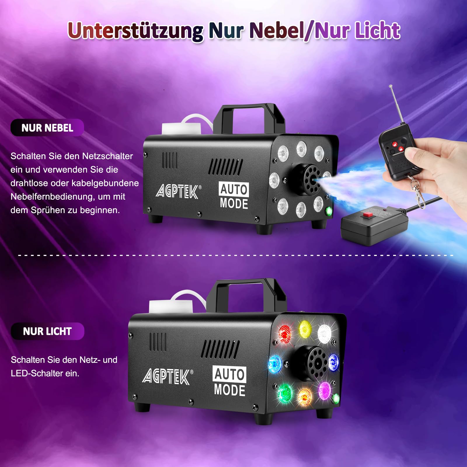 Nebelmaschine, AGPtEK Nebel Maschine mit kabelloser Fernbedienung UND LED Licht, Stabil & Tragbar, Passend für Halloween, Weihnachten, Hochzeitsfeiern & Bühnenauftritte usw