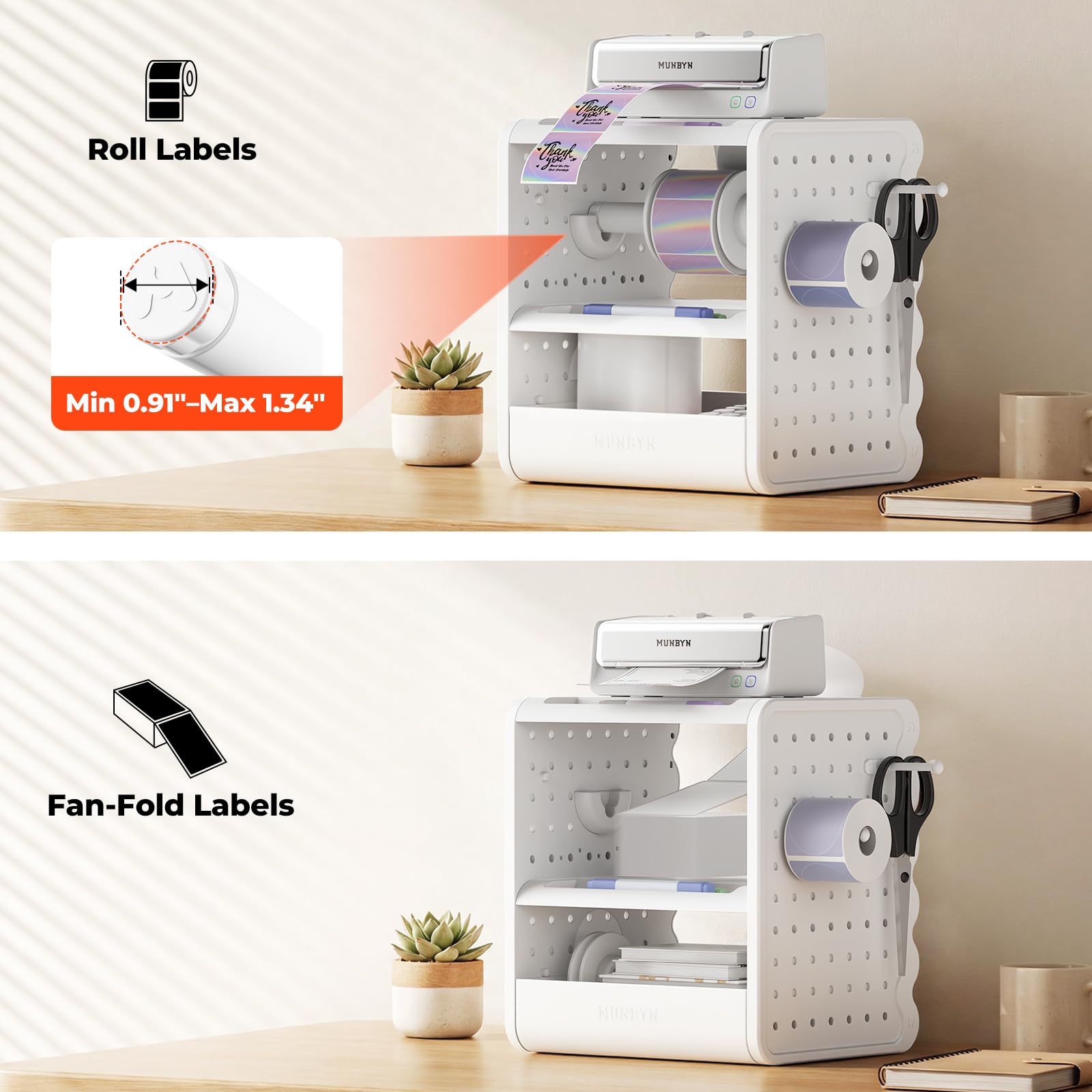MUNBYN ILH03 4x6 Thermischer Etikettenhalter, 5-in-1 Aufkleberhalter mit 3-stufigem Regal, Schublade, Haken und Lochplatte, für Versandetikettendruck, Büro, kleine Unternehmen und Zuhause