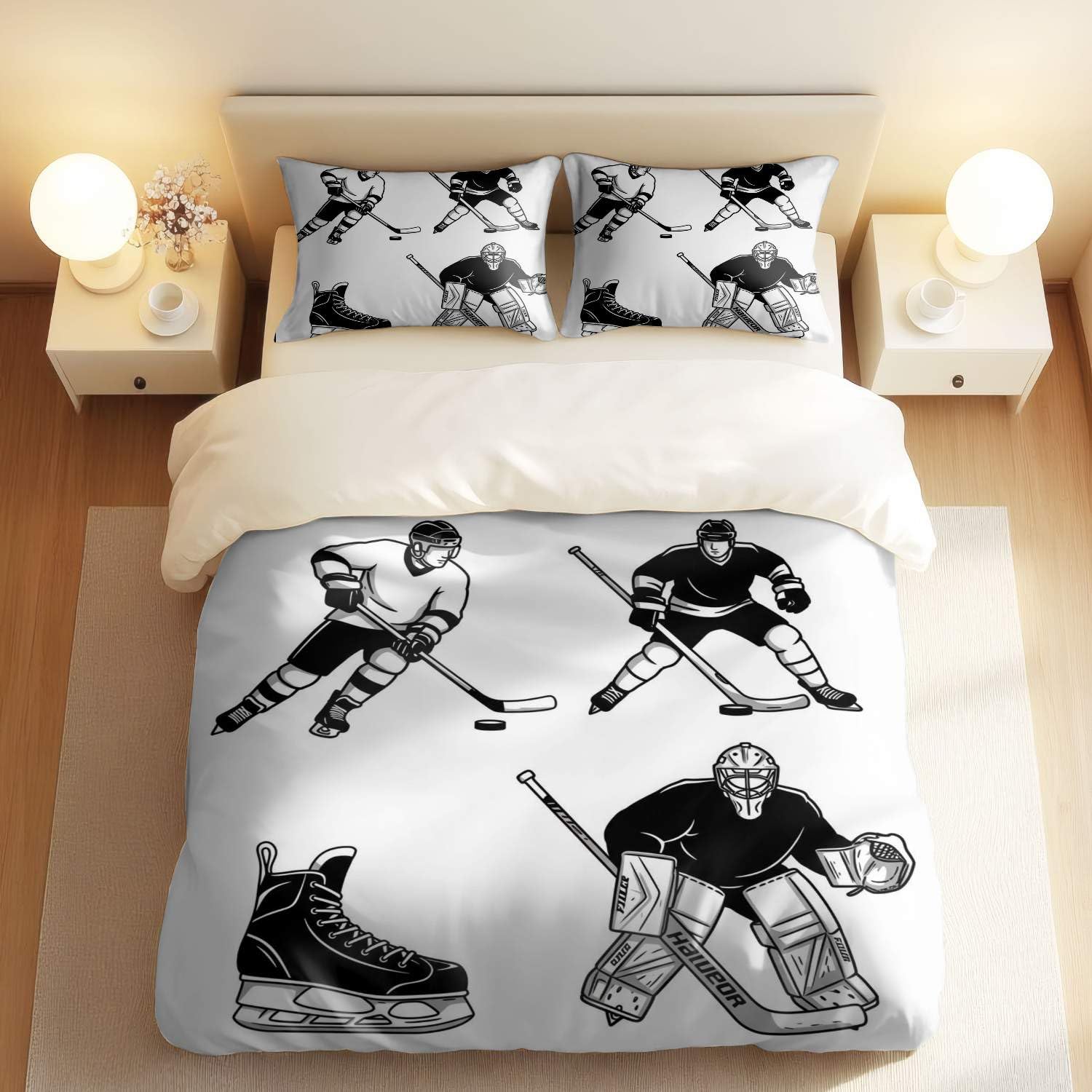 Housse de couette joueur de hockey noir et blanc parure de lit King 3pcs