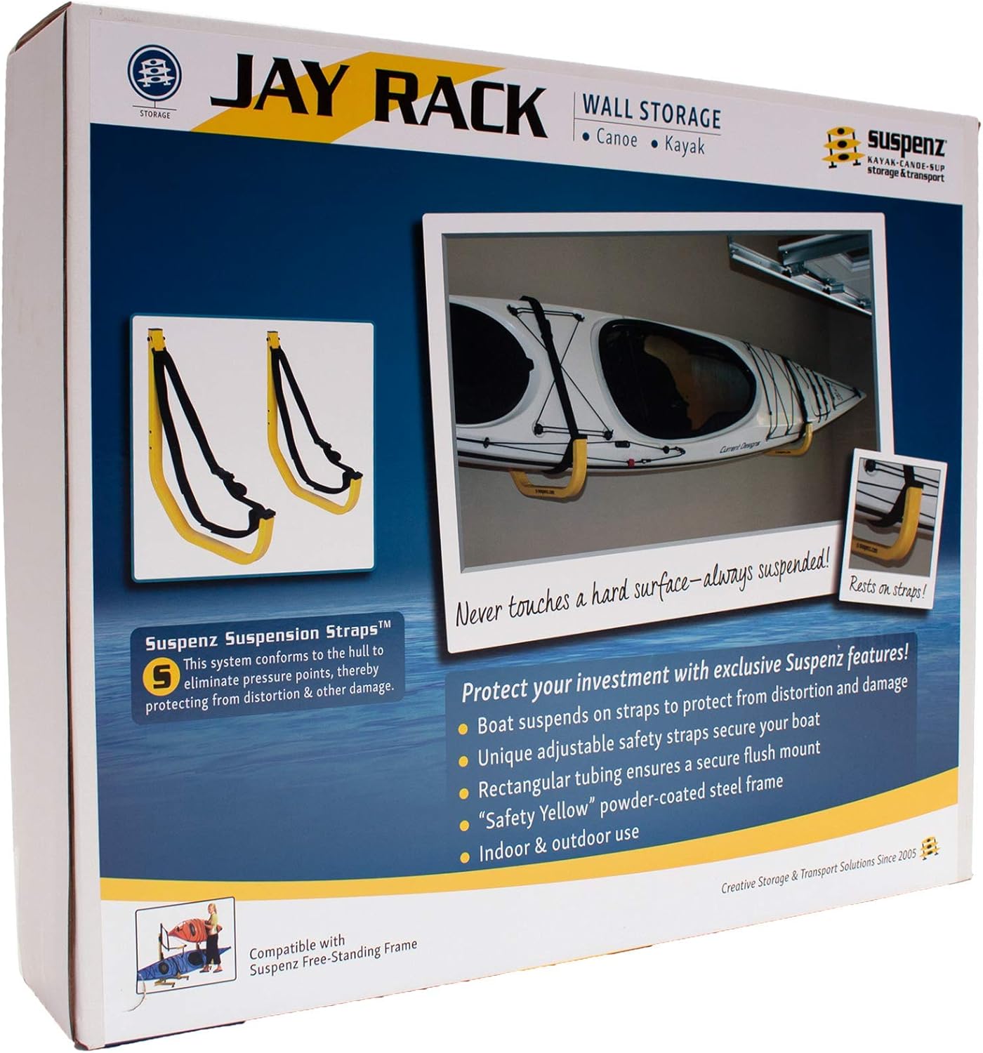 Suspenz Kayak Canoe SUP Storage Hanger for Garage Wall, Indoor Outdoor, Jay Rack Hook, Holds up to 125 lbs, Yellow, (11-0001)