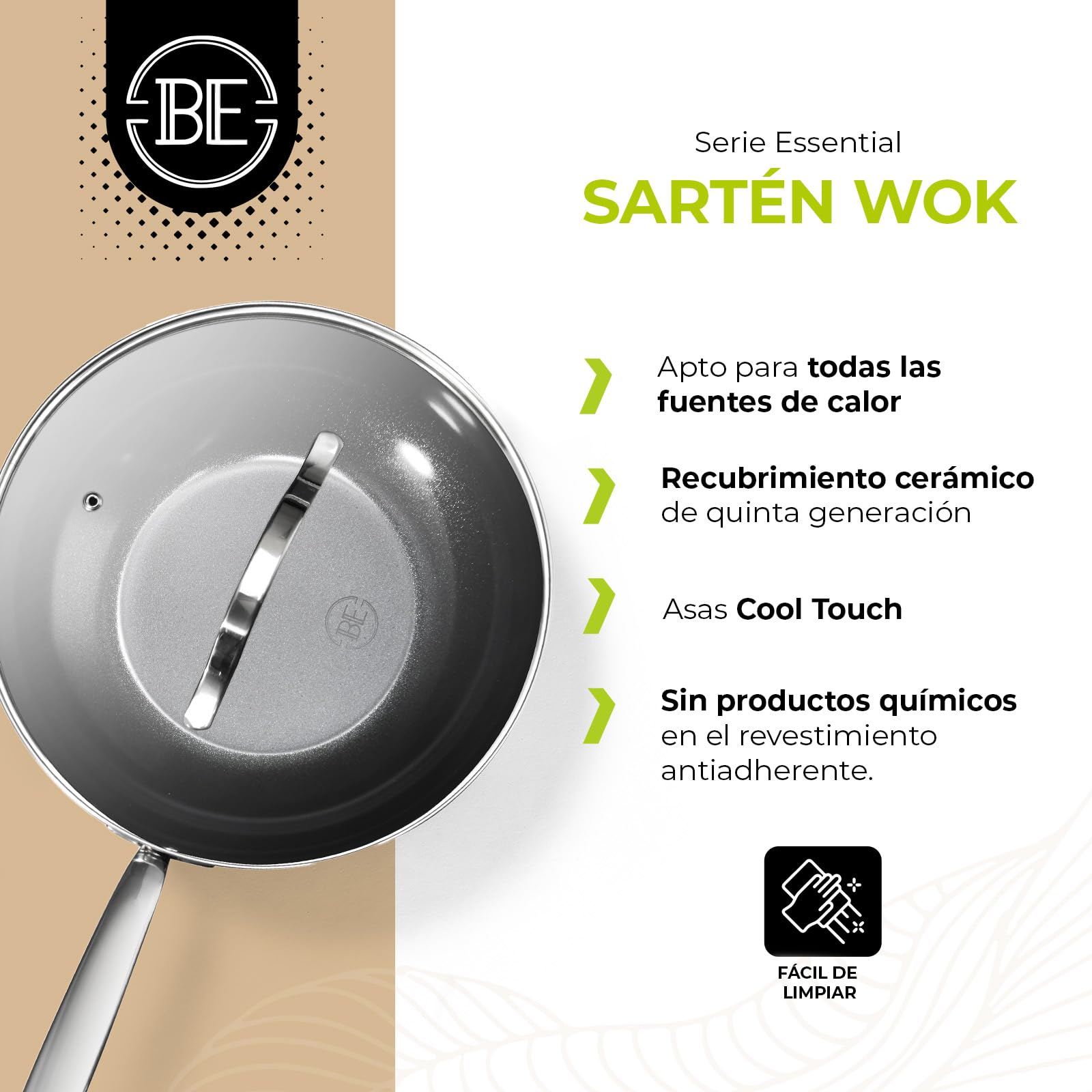 Be Living Sartén wok de acero inoxidable – Ø 28 cm – cerámica – inducción – sin PFAS, antiadherente – sartén con tapa – serie Essential