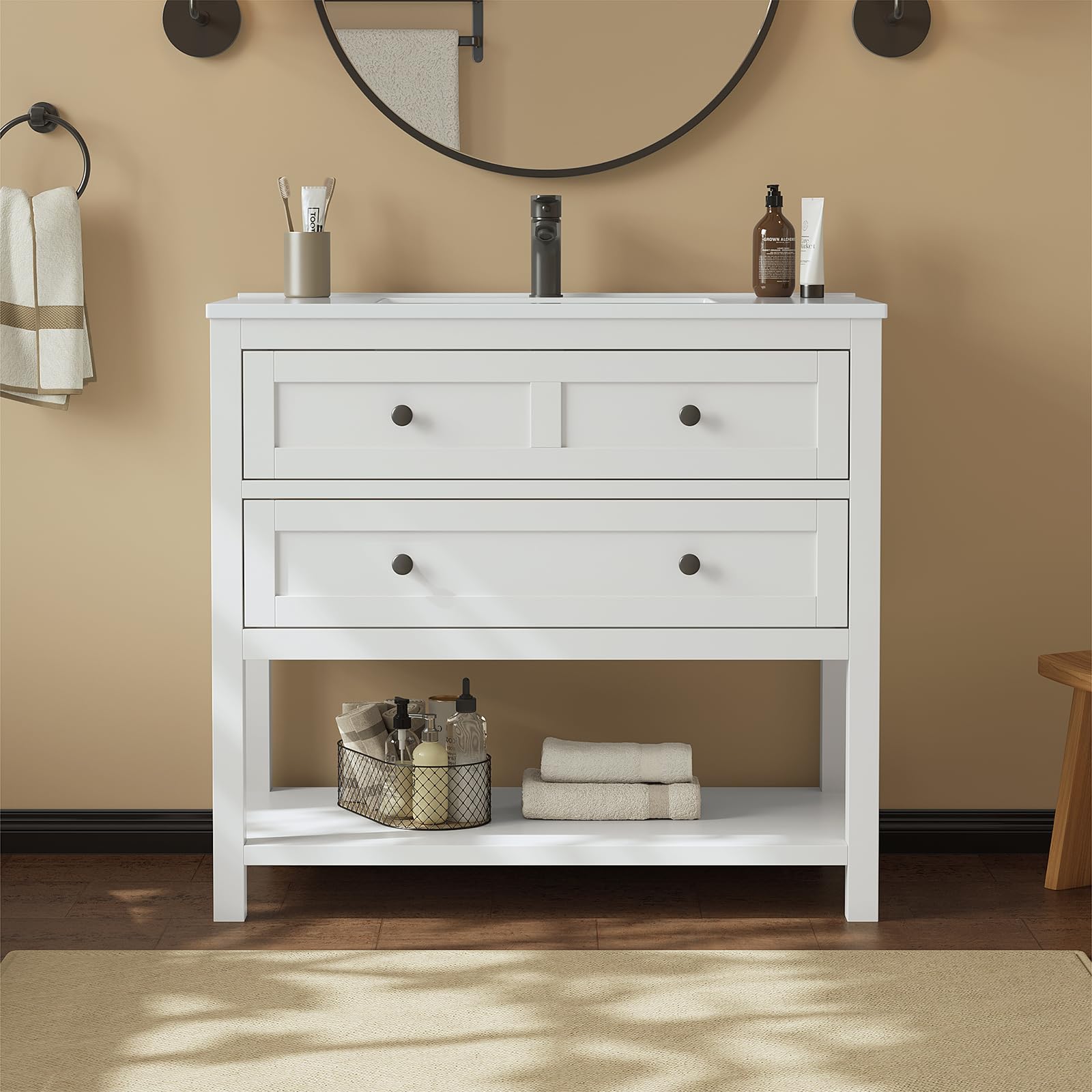 36 inch bathroom vanity with sink,modern bathroom single sink vanity, storage cabinet with drawers& storage shelf, solid surface composite top, white