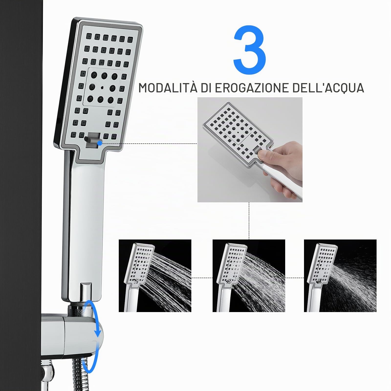 Pannello doccia LED senza rubinetto, 4 funzioni, pannello doccia con doccia a pioggia LED, 3 ugelli massaggianti, doccetta e ingresso vasca da bagno, colonna doccia in acciaio inox 304