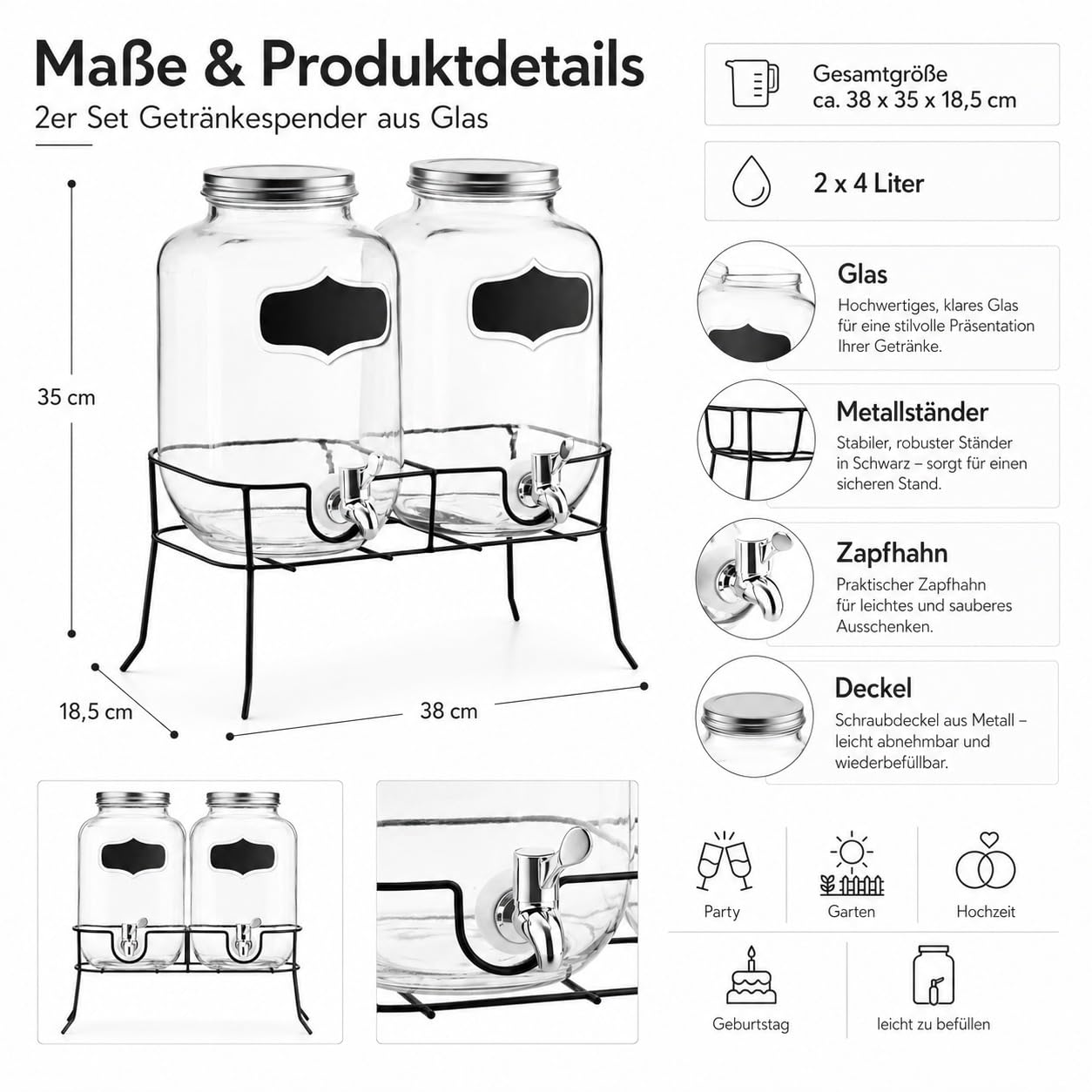 Set 2 Dispenser Bevande in Vetro da 4L con Rubinetto e Supporto in Metallo, Capacità Totale 8L, Fontana per Bevande con Etichette Scrivibili, per Acqua, Limonata, Succhi, Cocktail e Feste