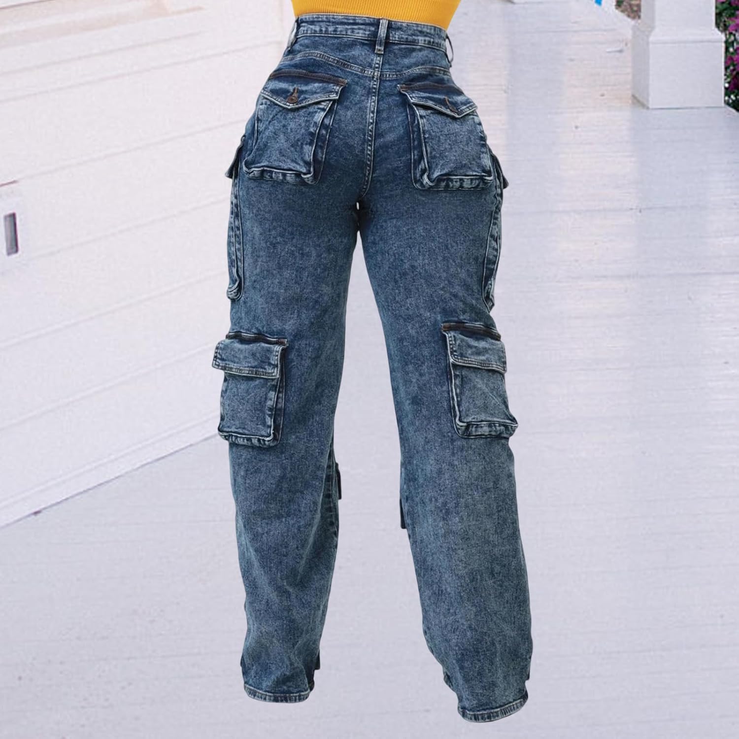 Women's Wide Leg Jeans High Waisted Cargo Pocket Baggy Stretchy Casual Denim Pants - Image 6