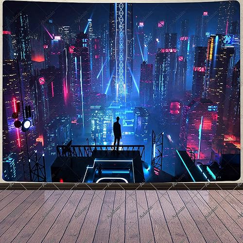 Aidatain Tapiz punk urbano rascacielos, horizonte, 3D, Urben, edificio, luces de neón, para colgar en la pared, tapices de franela de tamaño grande