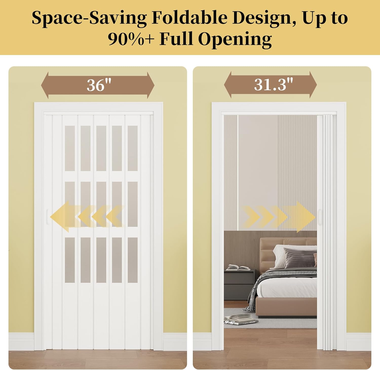 36" x 80" Enhanced Accordion Doors Interior with 3 Frosted Acrylic Panel, Accordion Door for Doorway Hardware Kit Included, PVC Interior Folding Doors with 2 Handles for Closet Bathroom Doorways