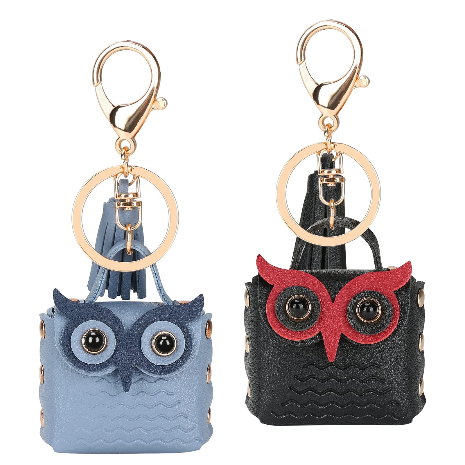 KASTWAVEOwl Cute Keychain Leather Keychain with Lobster Clasp Keyring Tassel Coin Purse Keychain for Women Men kids Purse Bandbag Backpack Wallet Decor Gift 2Pcs(Black + Blue)