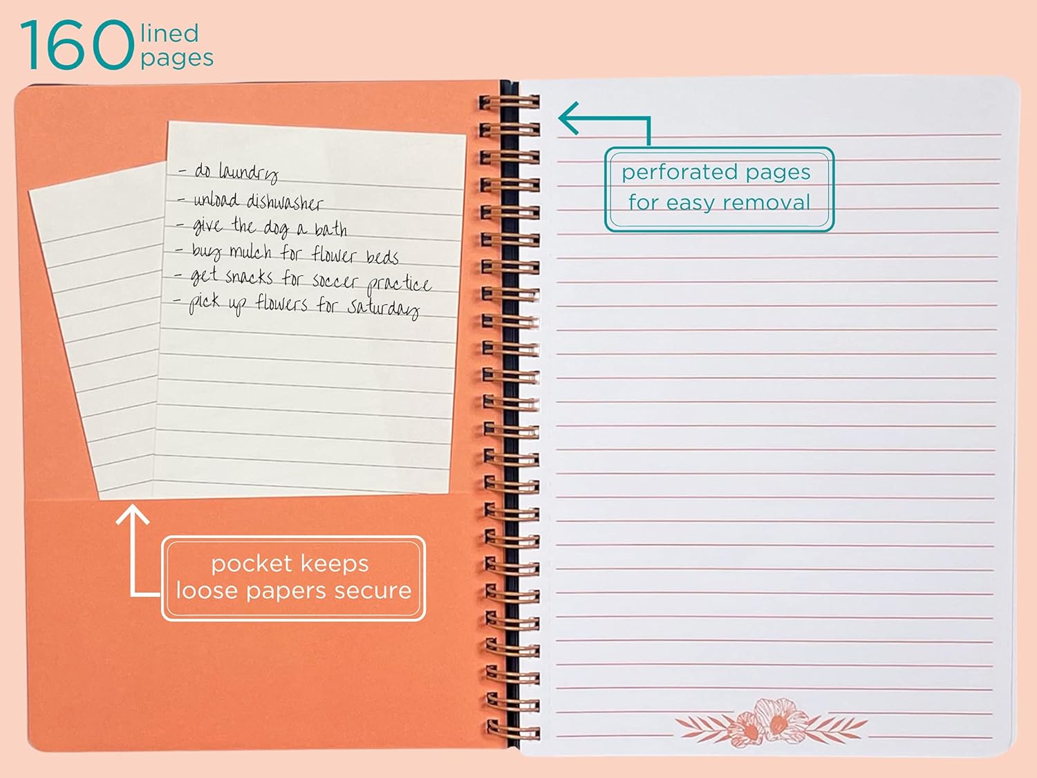 Steel Mill & Co Cute Floral Mini Spiral Notebook, 8.25" x 6.25" Journal with Durable Hardcover and 160 Lined Pages, Garden Blooms (Navy) : Office Products