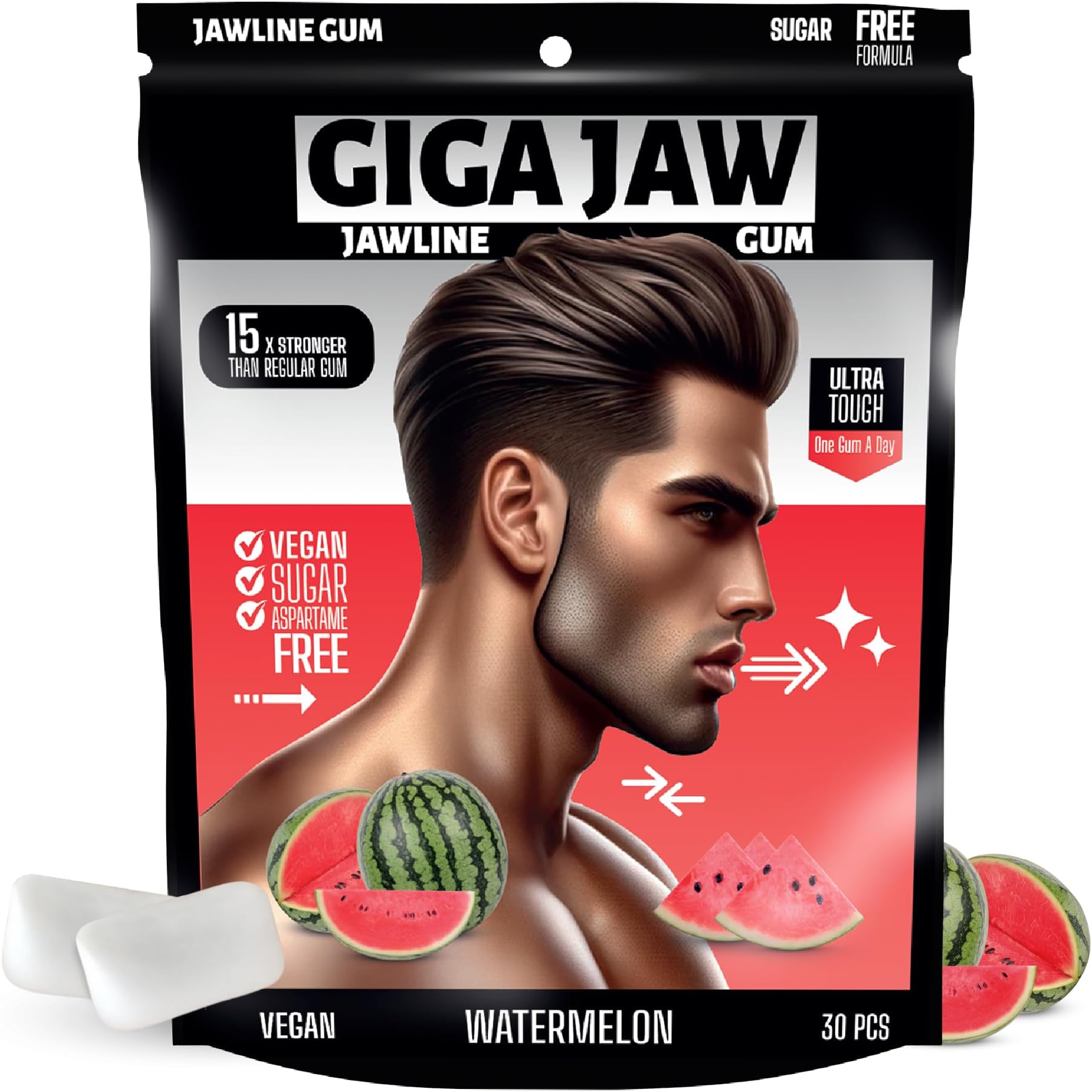 GigaJaw ジョーラインガム - 効果的な顔のエクササイズのための15倍の硬度 - 砂糖フリー、カロリーフリー | 30個パック (S、スイカ)