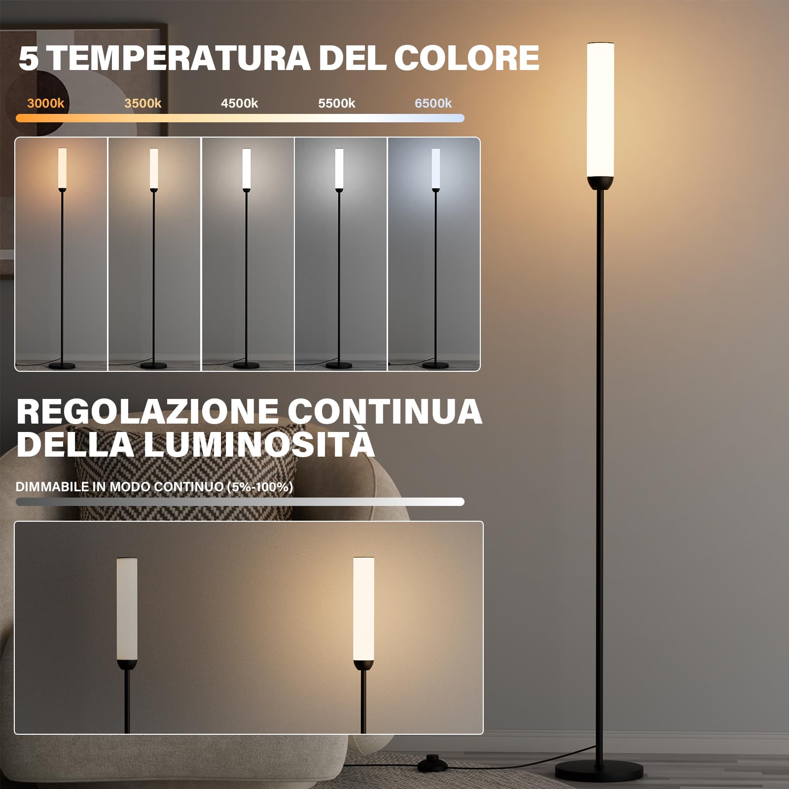 LED Stehlampe Wohnzimmer Dimmbar, Deckenfluter LED Dimmbar, Moderne Standleuchte Wohnzimmer mit Fernbedienung & 5 Farbtemperaturen Stufenlos, Schwarz
