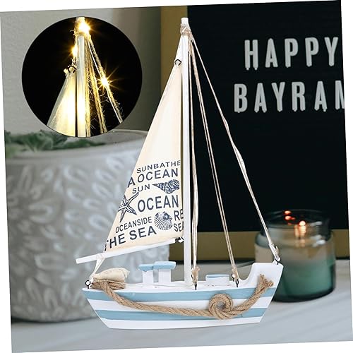 Miniatura 8 de COHEALI Decoración de barco LED, escultura de mesa de velero, decoración del hogar, decoración de casa de playa, velero de madera, mini gabinete de