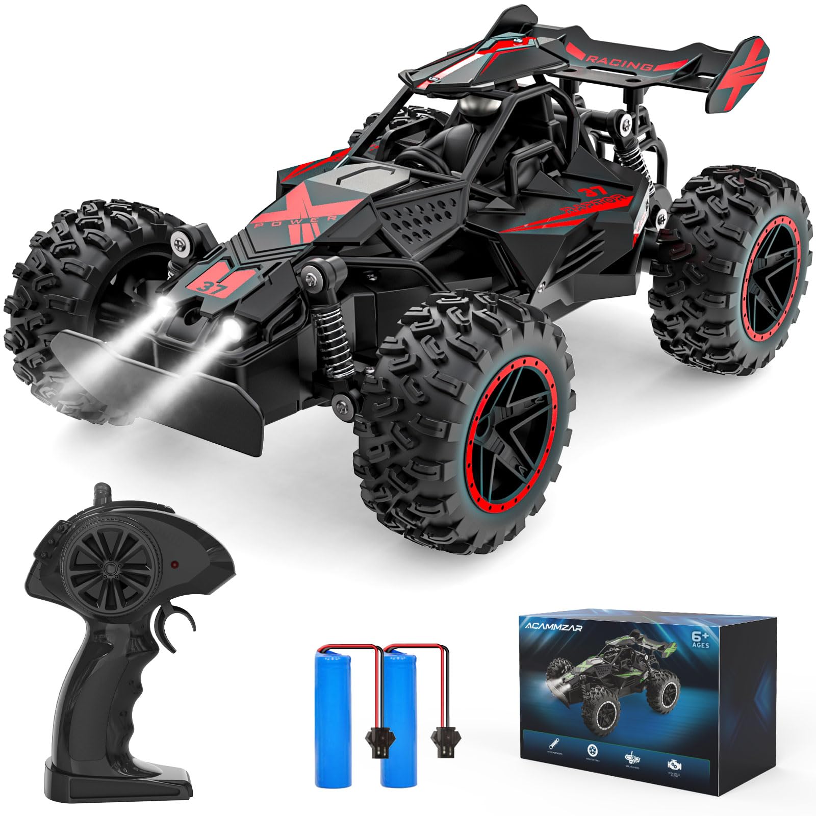ACAMMZAR Remote Control Car, 1:18 High Speed RC Car for Kids, 20KM/H Monster RC Truck Off Road with Lights Toys for Boys, Red
