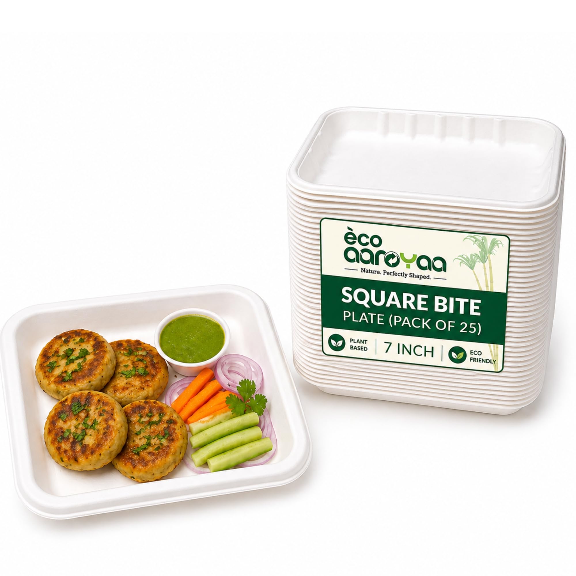 Eco Aaroyaa Bagasse Square Disposable Plates - 7 inch - Eco-Friendly Biodegradable plates - Oil & Water Resistant use and throw plates for Snacks, Starters, Desserts & Parties (Pack of 50)