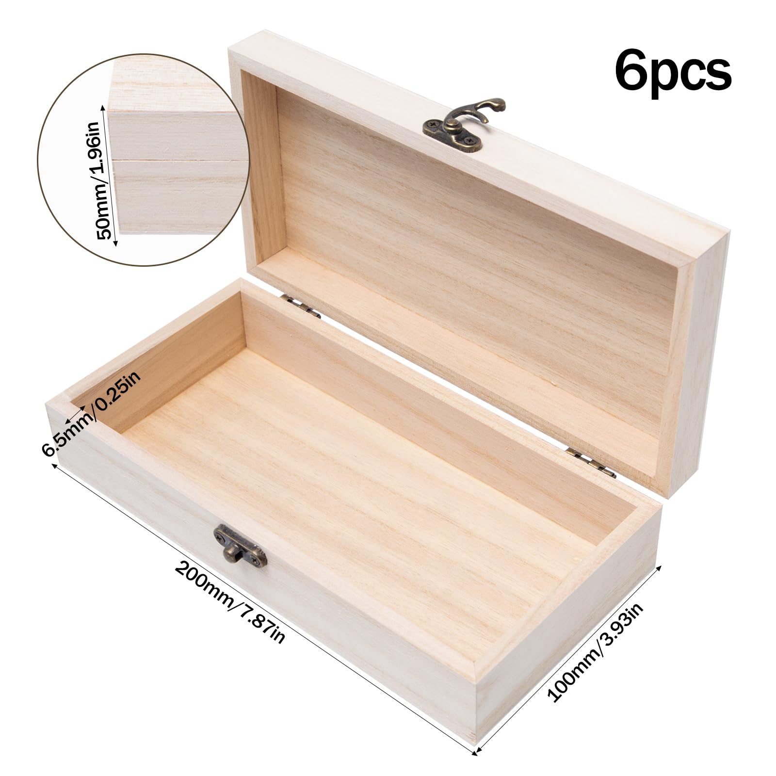 6 Pezzi Scatole di Legno Grezzo 20 x 10 x 5 cm Scatola in Legno Rettangolare con Coperchio Scrigno legno Portaoggetti Piccole con Cerniere e Chiusura per Conservazione e Decorazione