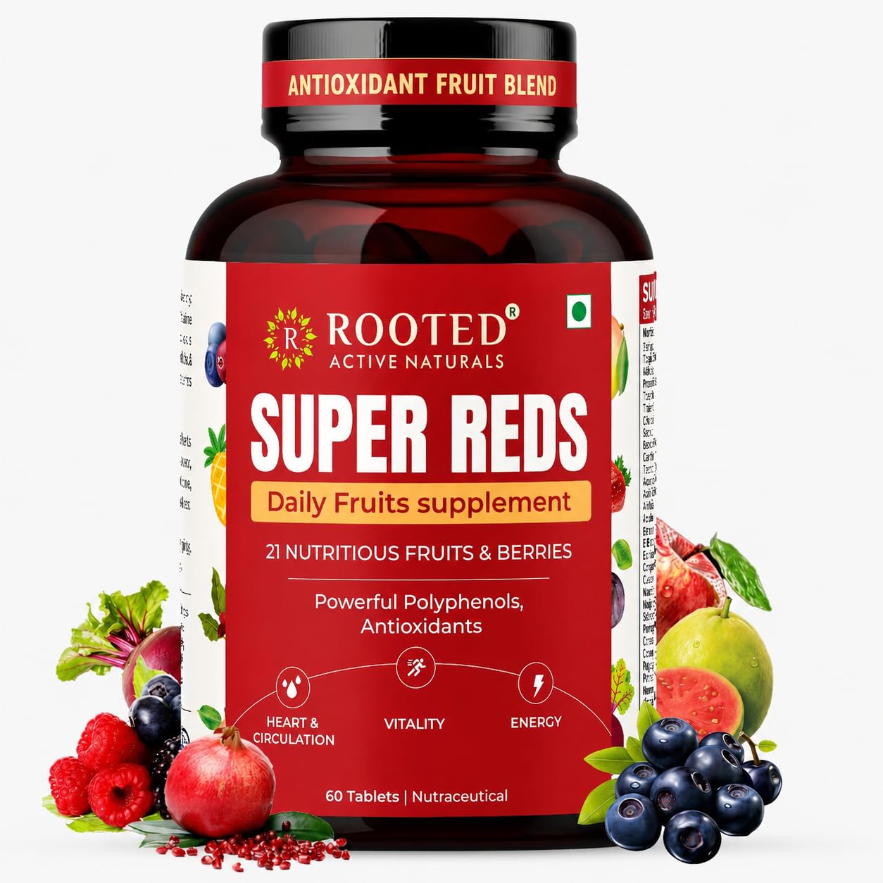 Rooted Actives Super Reds Fruits supplement, 21 nutritious fruits, berries (60 Tablets) | Rich in antioxidants, flavonoids & polyphenols | Heart, Circulation health, Energy & Vitality-picture-4