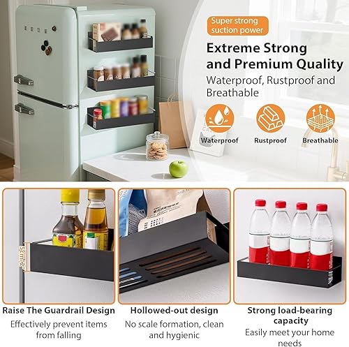 Miniatura 3 de Paquete de 4 organizadores magnéticos para especias para refrigerador y horno, estante magnético móvil para colgar especias de cocina con 4 ganchos,