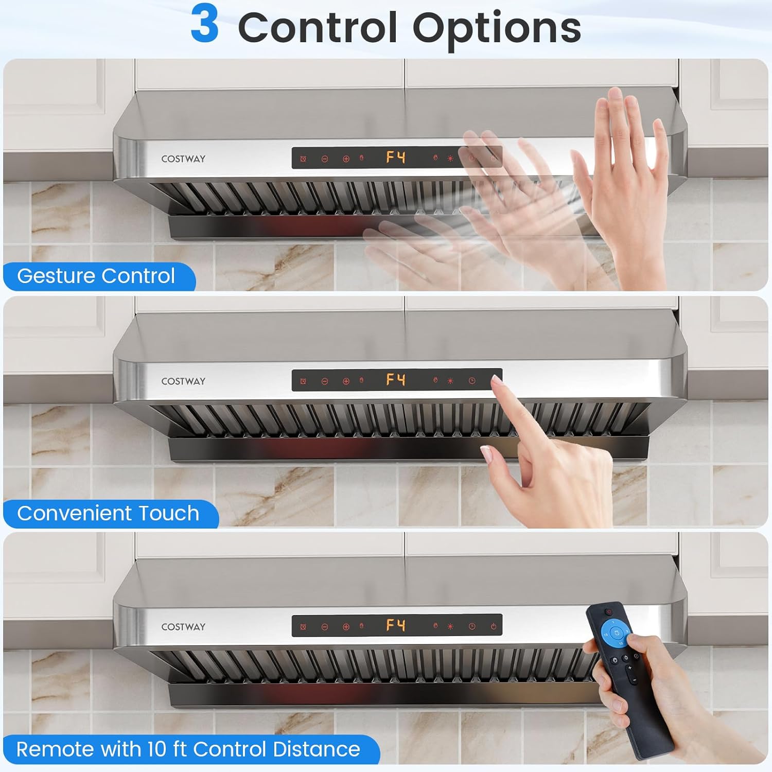 COSTWAY 30 Inch Under Cabinet Range Hood with Oil Collector, 900 CFM Stainless Steel Kitchen Vent Hood w/4 Fan Speeds, Touch/Gesture/Remote Control, Timer, LED Lights & Dishwasher-Safe Baffles Filters