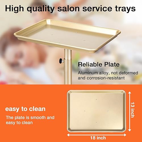 Miniatura 3 de Fuehomue Bandeja de salón, bandeja de salón de oro champán, carrito de bandeja de salón con altura ajustable, bandeja de estilista de peluquería,