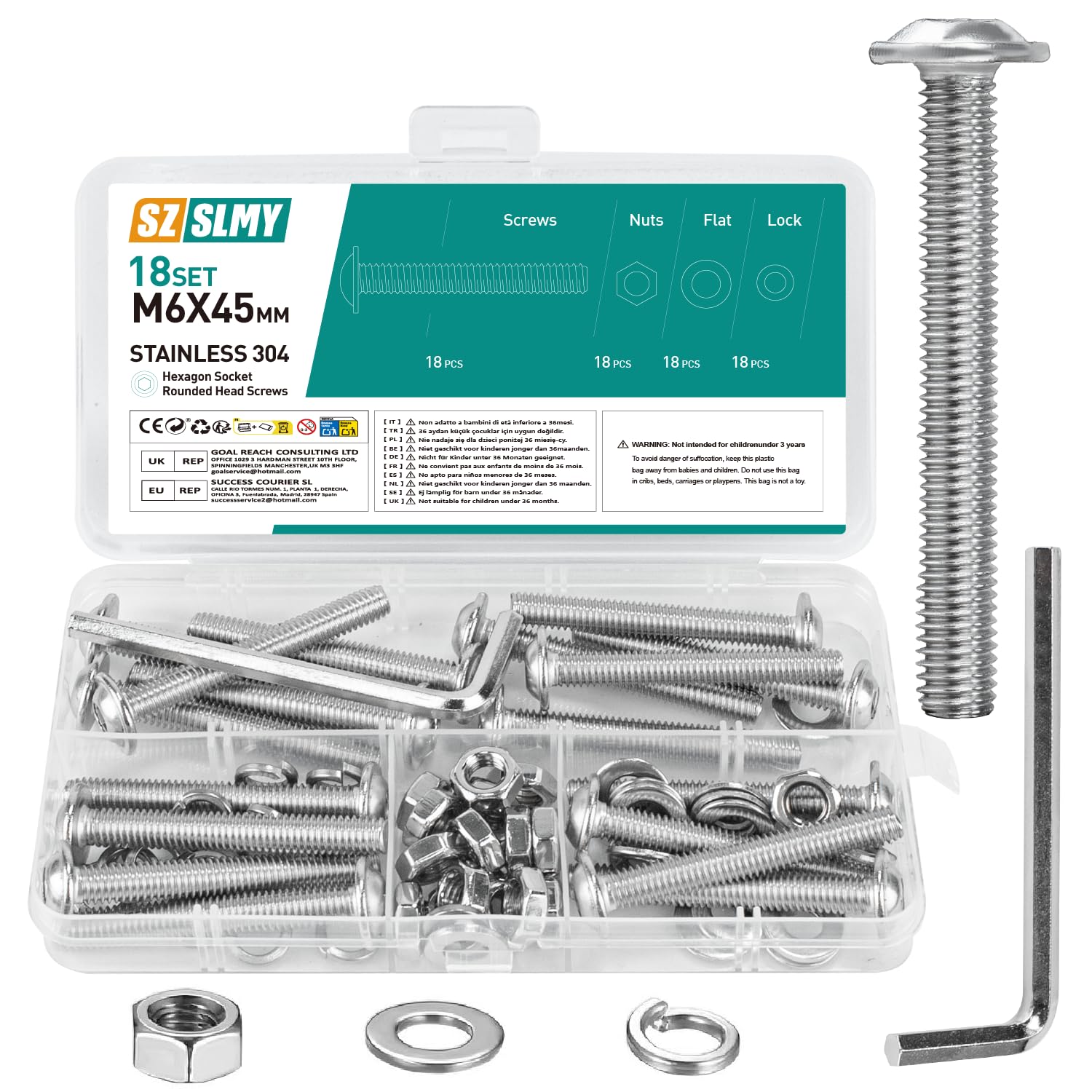 18 Set M6 Schrauben Set, Linsenkopfschrauben M6 x 45mm, Edelstahl Flanschschrauben Muttern Sets, Flachkopfschrauben mit Flansch, Vollgewinde Maschinenschrauben, Gewindeschrauben Set