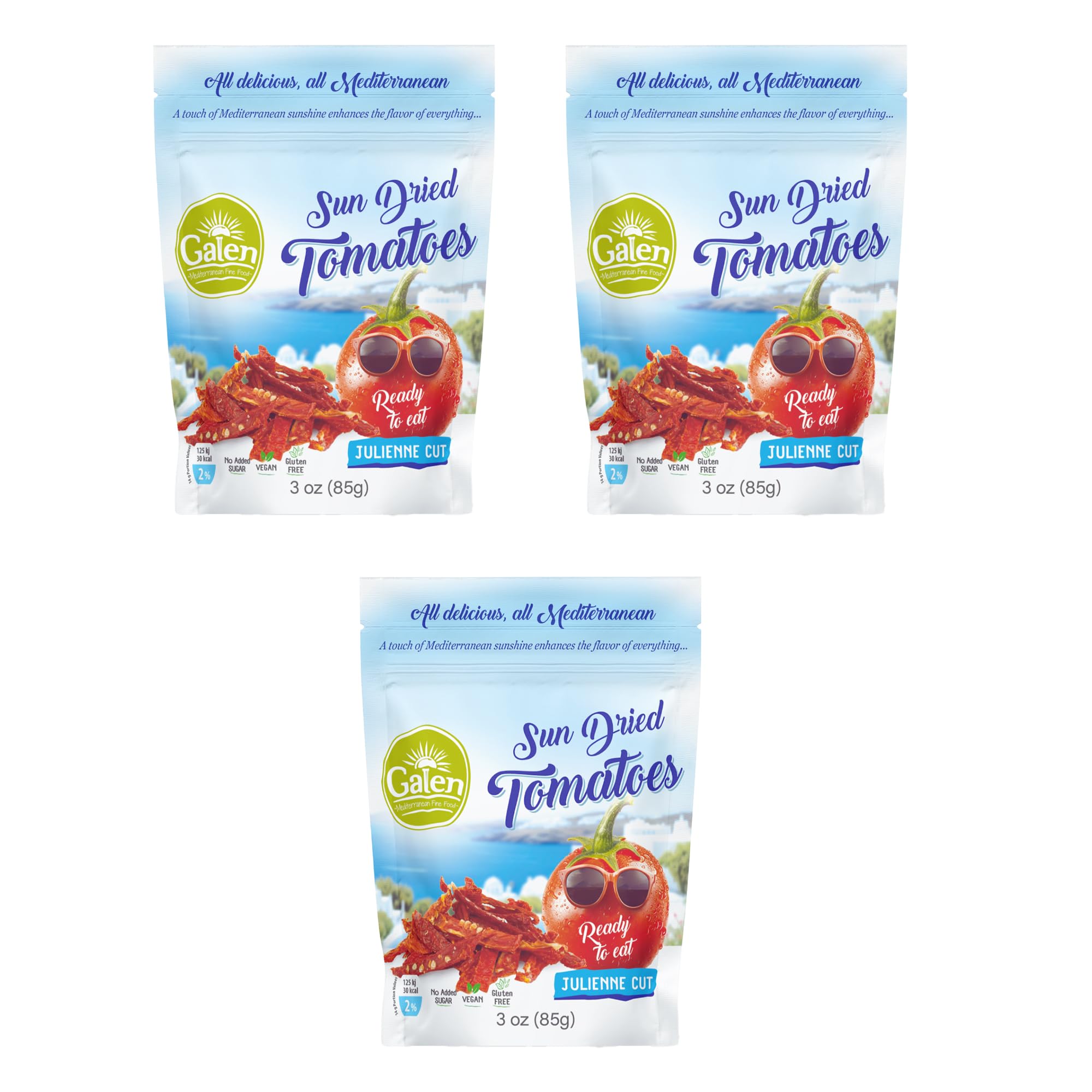 Galen Sun Dried Tomatoes, Julienne Cut, Soft, Moist, Ready to Eat, Mediterranean Flavor Sundried Tomato, Gmo Free, Kosher, Vegan, No Sugar Added,