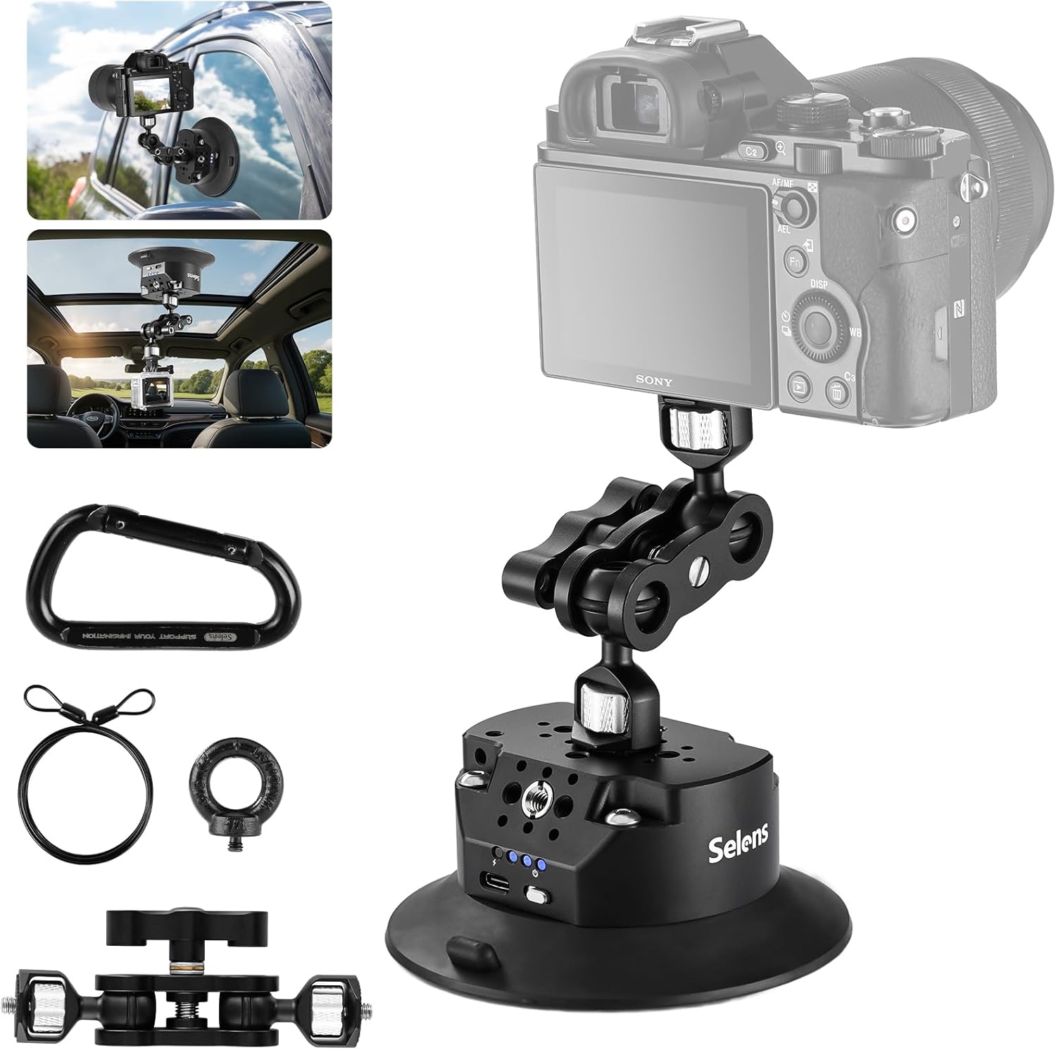 Selens 4.6"/11.7cm Electric Car Camera Mount with Ball Head Magic Arm, Auto Vacuum Suction Cup Mount for Camera/Action Camera/Phone, Mount on Car Windshield/Window