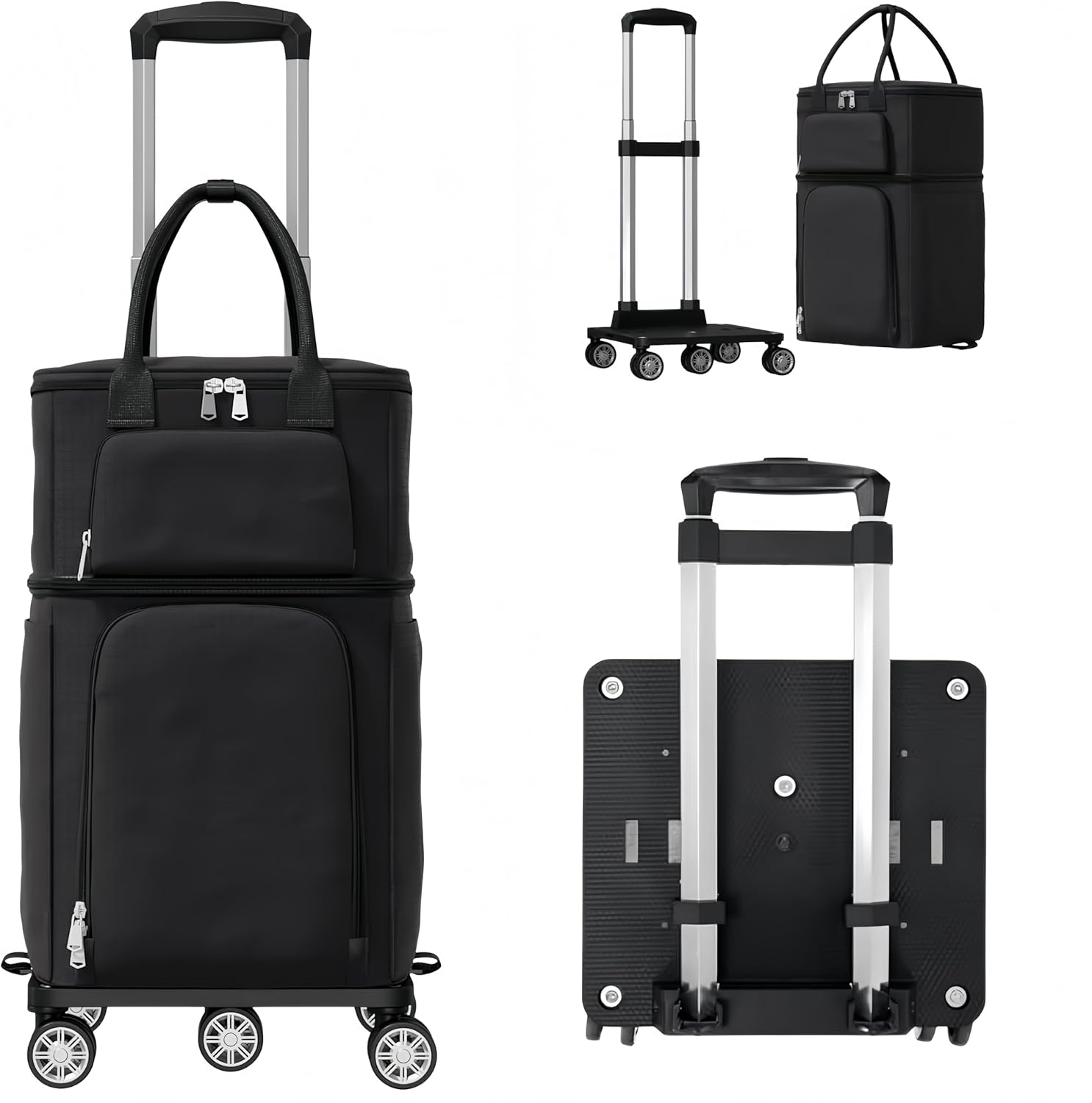 2 in1 Shopping Carts for Groceries Grocery Cart with 5 Wheels, Waterproof Removable Bag, Foldable Shopping Cart with Full Platform for Shopping,Laundry,Camping,Black