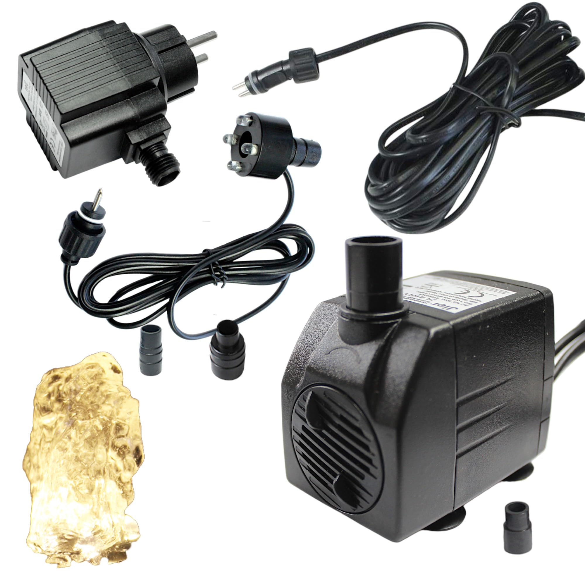 Arnusa Springbrunnenpumpe mit 1x LED Quellsteinbeleuchtung warmweiß Spot Teichpumpe Wasserpumpe Bachlaufpumpe 12V IP44 Steckernetzteil (450 l/h)