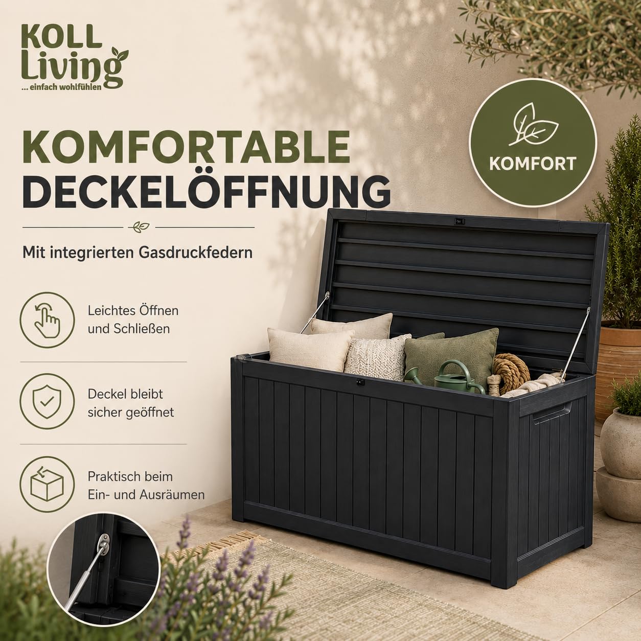 Koll Living Auflagenbox/Kissenbox Cedar 870 Liter l 100% Wasserdicht l mit Belüftung dadurch kein übler Geruch/Schimmel l Moderne Holzoptik l Deckel belastbar bis 250 KG (2 Personen) Modell 2027