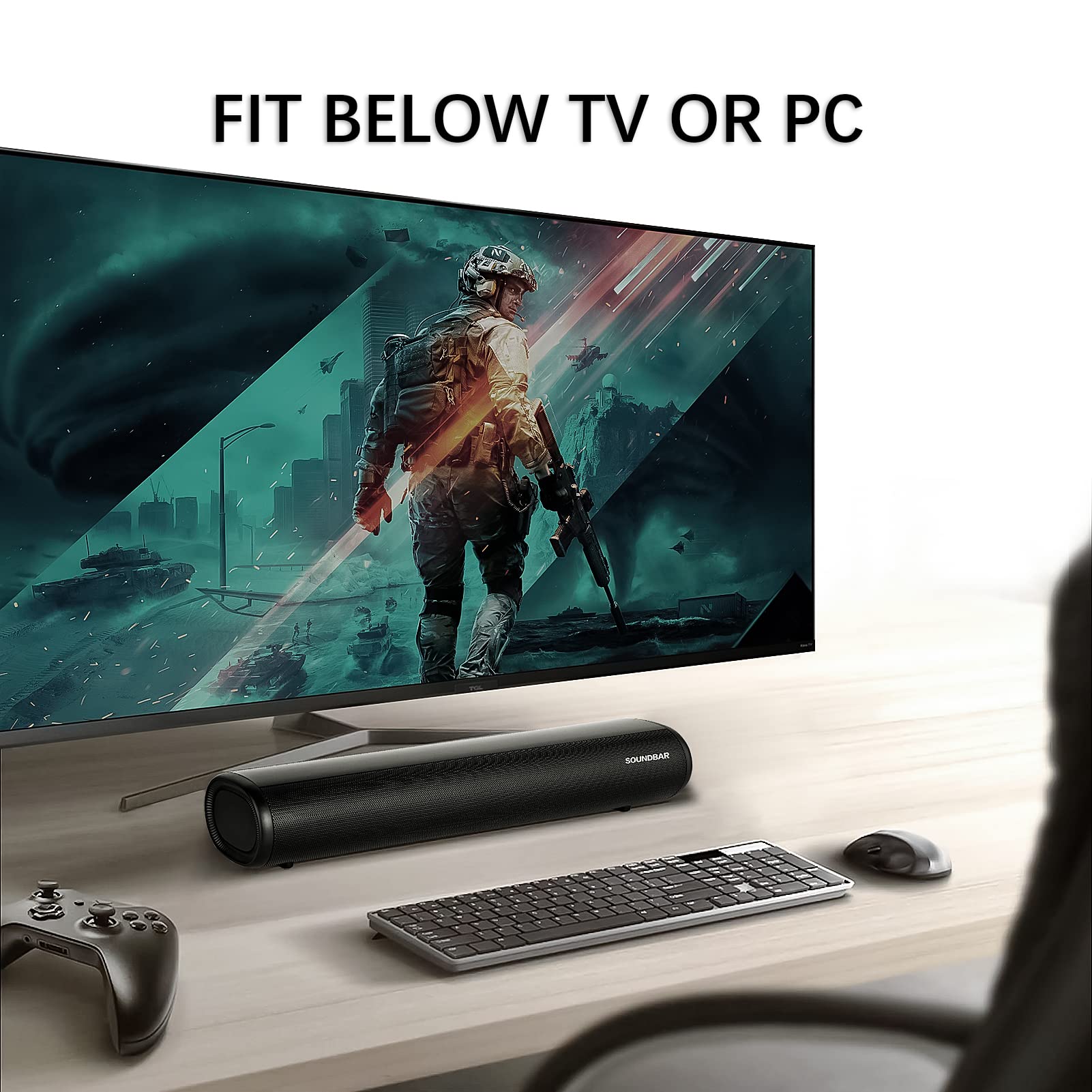 TKMARS Barre de Son TV avec Caisson de Basses Intégré, Soundbar Bluetooth 5.0 Home Cinéma 60W, Connexions HDMI/Optique/AUX, 3 Modes EQ, pour TV/PC/Projecteur/PS4/Smartphone