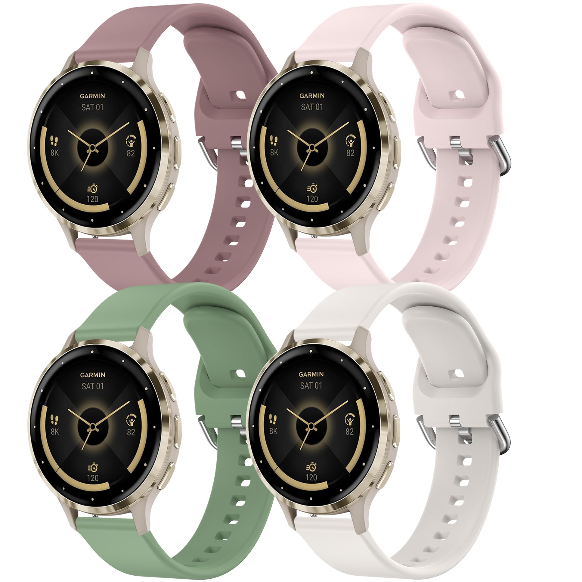 4 PACK Straps for Garmin Venu 2S/Venu 3S/Forerunner 265S/255S/255S Music/Vivoactive 4S/Vivomove 3S, 18mm Soft Silicone Quick Release Replacement Sport Loop Watch Band 4-PACK 03