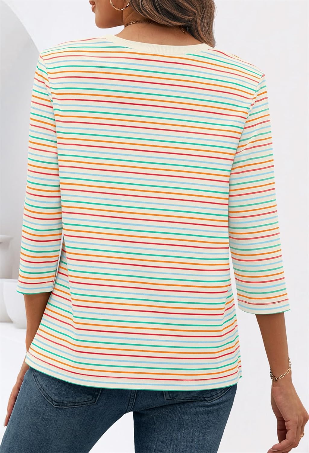 MEROKEETY Women's 2025 Casual 3/4 Sleeve Tops Blouse Crewneck Colorful Striped Fall Loose Shirt - Image 6