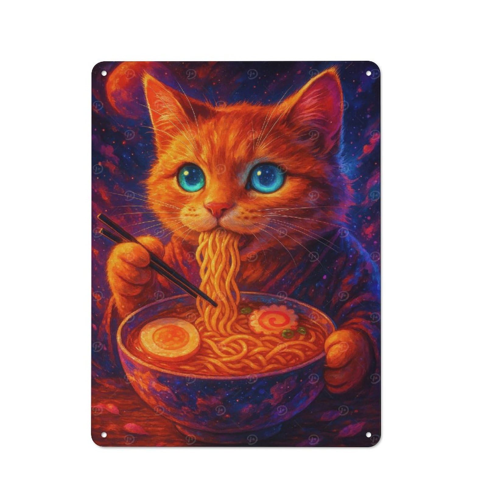Junmoney Cat Eating Ramen In Space Rustic Metal Sign 40X30cm For Lounge Or Reading Corner, For Reading Corner Decorators