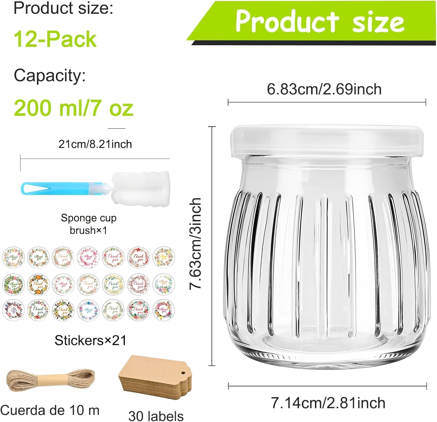 200 Ml Joghurtgläser Mit Deckel – 12 Stück, Transparent, Wiederverwendbar, Mit Etiketten & Bürste – Ideal Für Desserts, Honig, Kerzen & Mehr